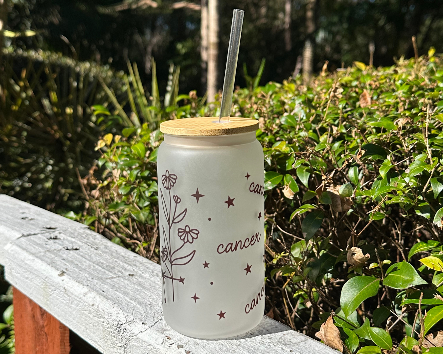 Star Sign 16oz frosted glass with bamboo lid and clear straw,Iced latte glass cup, latte jar, reusable mug