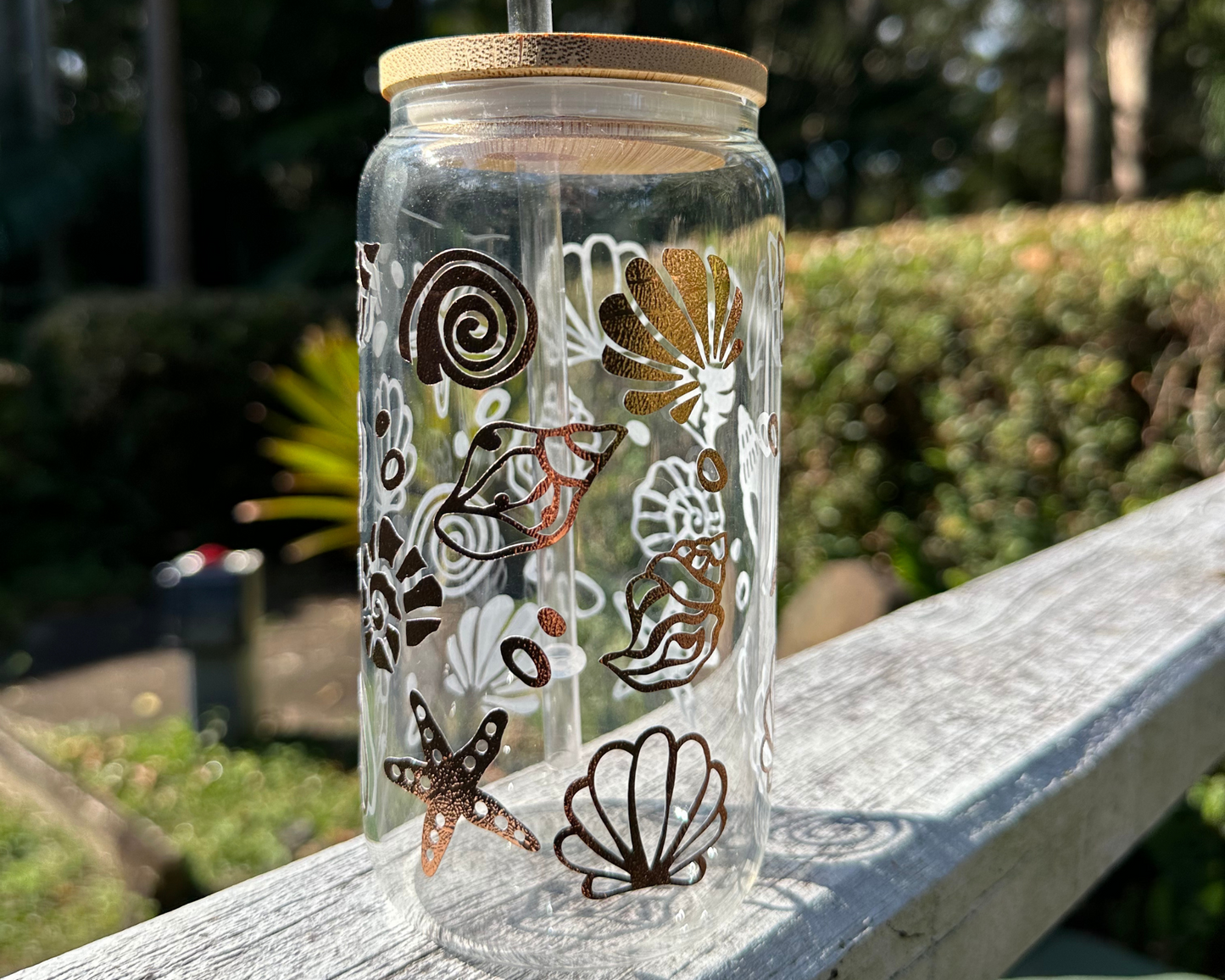 Seashells 16oz frosted glass with bamboo lid and clear straw, metallic vinyl design, Iced latte glass cup, latte jar, reusable mug
