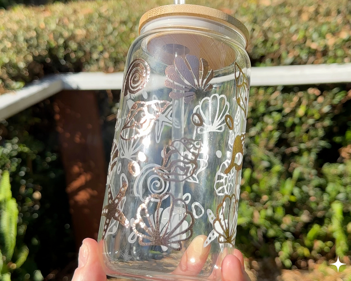 Seashells 16oz frosted glass with bamboo lid and clear straw, metallic vinyl design, Iced latte glass cup, latte jar, reusable mug