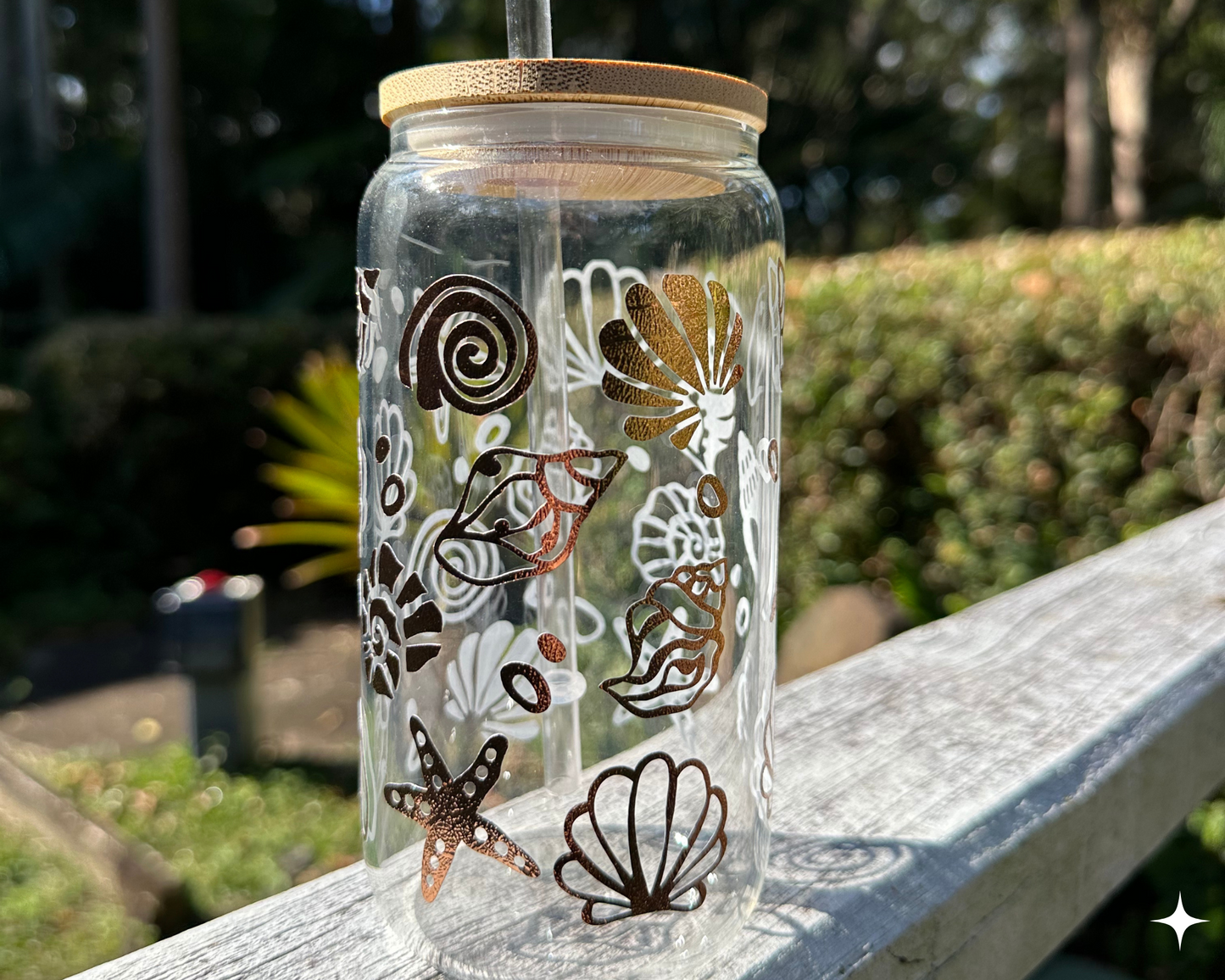 Seashells 16oz frosted glass with bamboo lid and clear straw, metallic vinyl design, Iced latte glass cup, latte jar, reusable mug