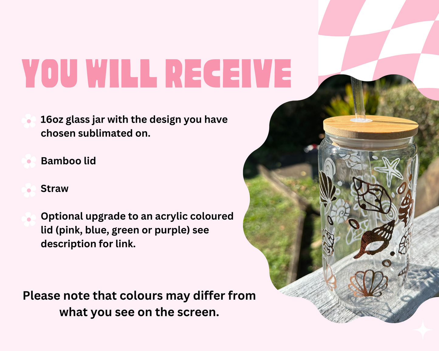 Seashells 16oz frosted glass with bamboo lid and clear straw, metallic vinyl design, Iced latte glass cup, latte jar, reusable mug