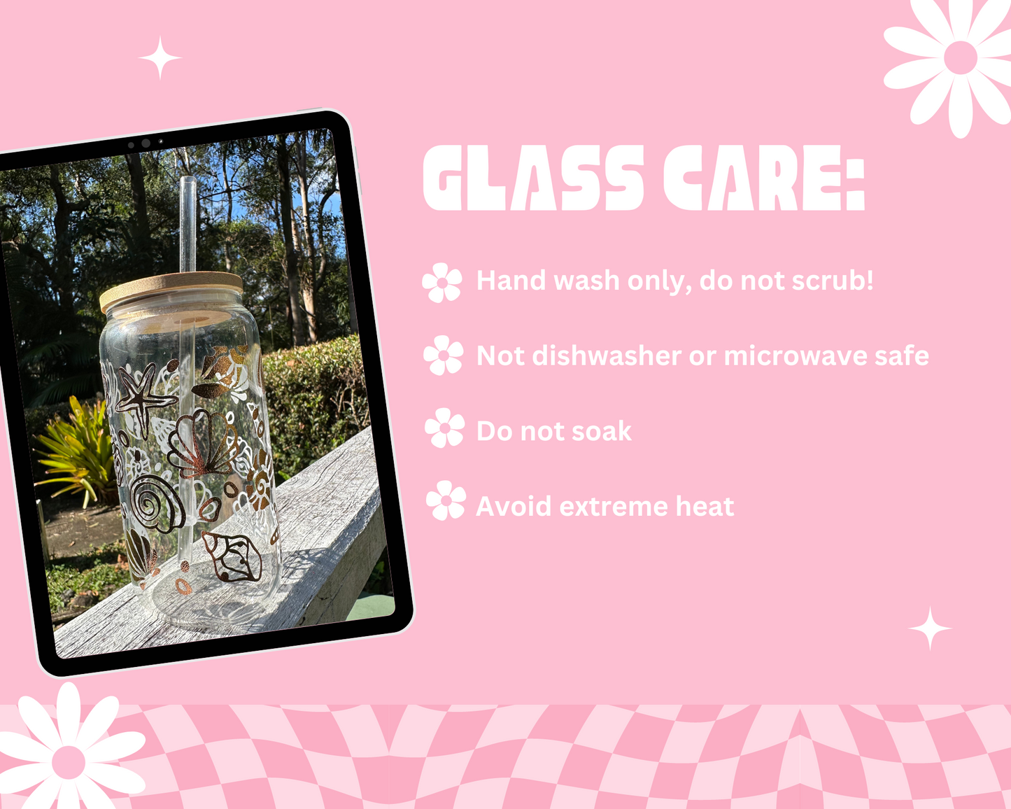 Seashells 16oz frosted glass with bamboo lid and clear straw, metallic vinyl design, Iced latte glass cup, latte jar, reusable mug