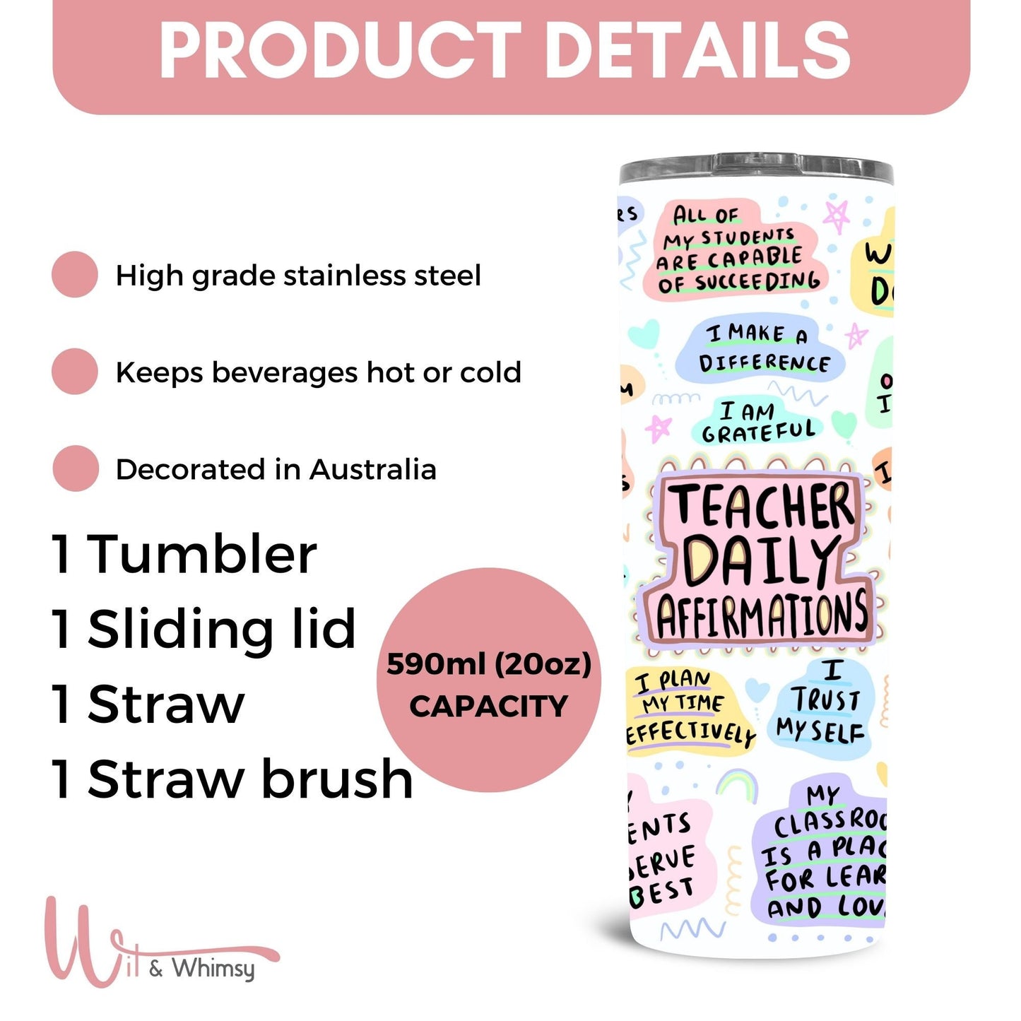 Teacher Daily Affirmations Tumbler, Positive Affirmations Tumbler For Teachers, Gift For Favourite Teacher, Teacher 20oz Skinny Tumbler Gift
