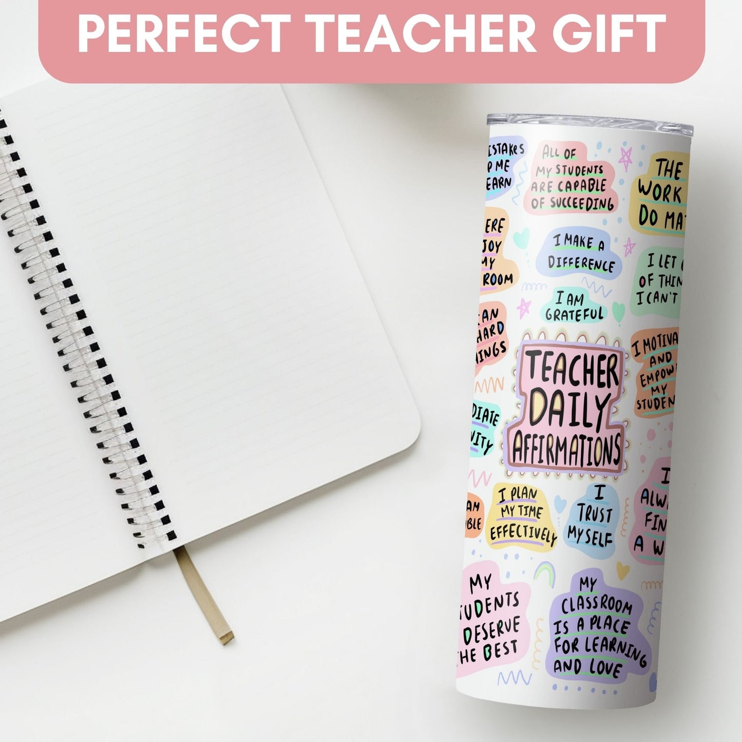 Teacher Daily Affirmations Tumbler, Positive Affirmations Tumbler For Teachers, Gift For Favourite Teacher, Teacher 20oz Skinny Tumbler Gift
