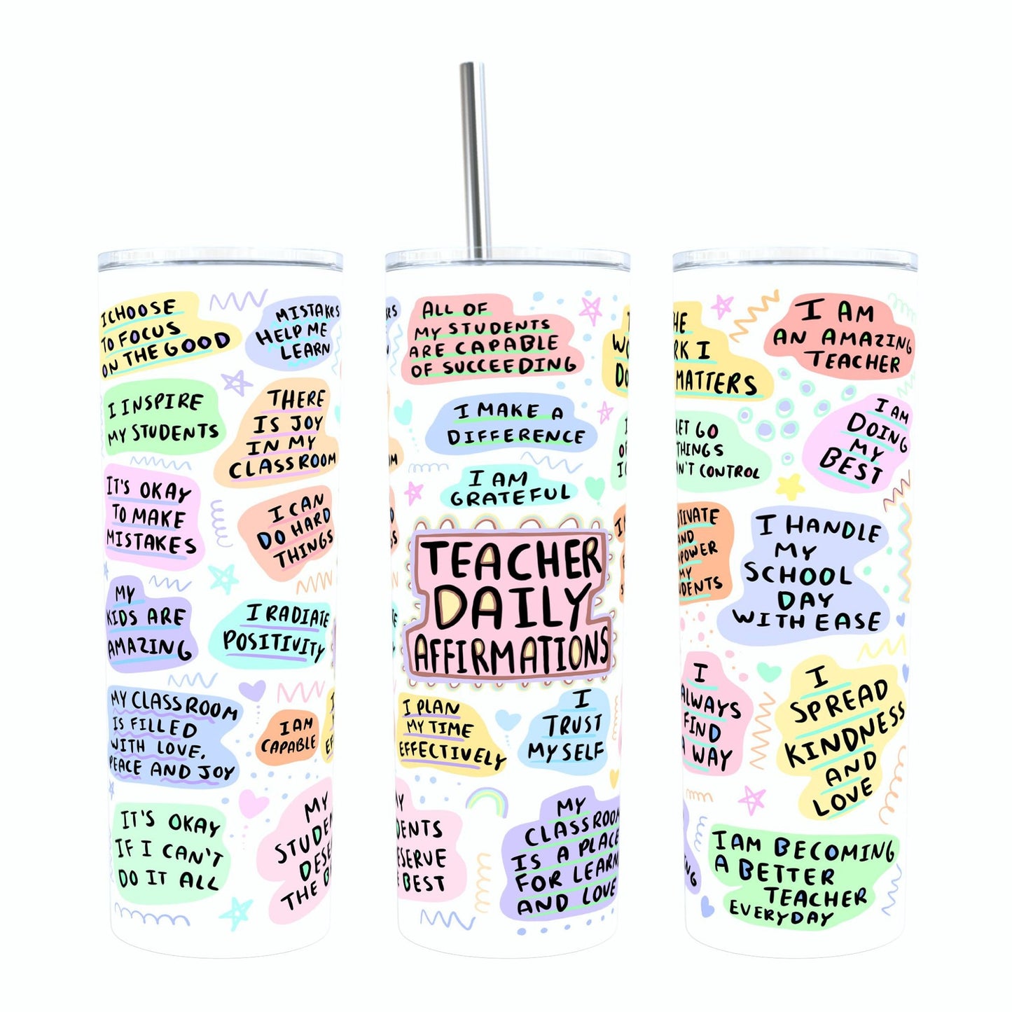 Teacher Daily Affirmations Tumbler, Positive Affirmations Tumbler For Teachers, Gift For Favourite Teacher, Teacher 20oz Skinny Tumbler Gift