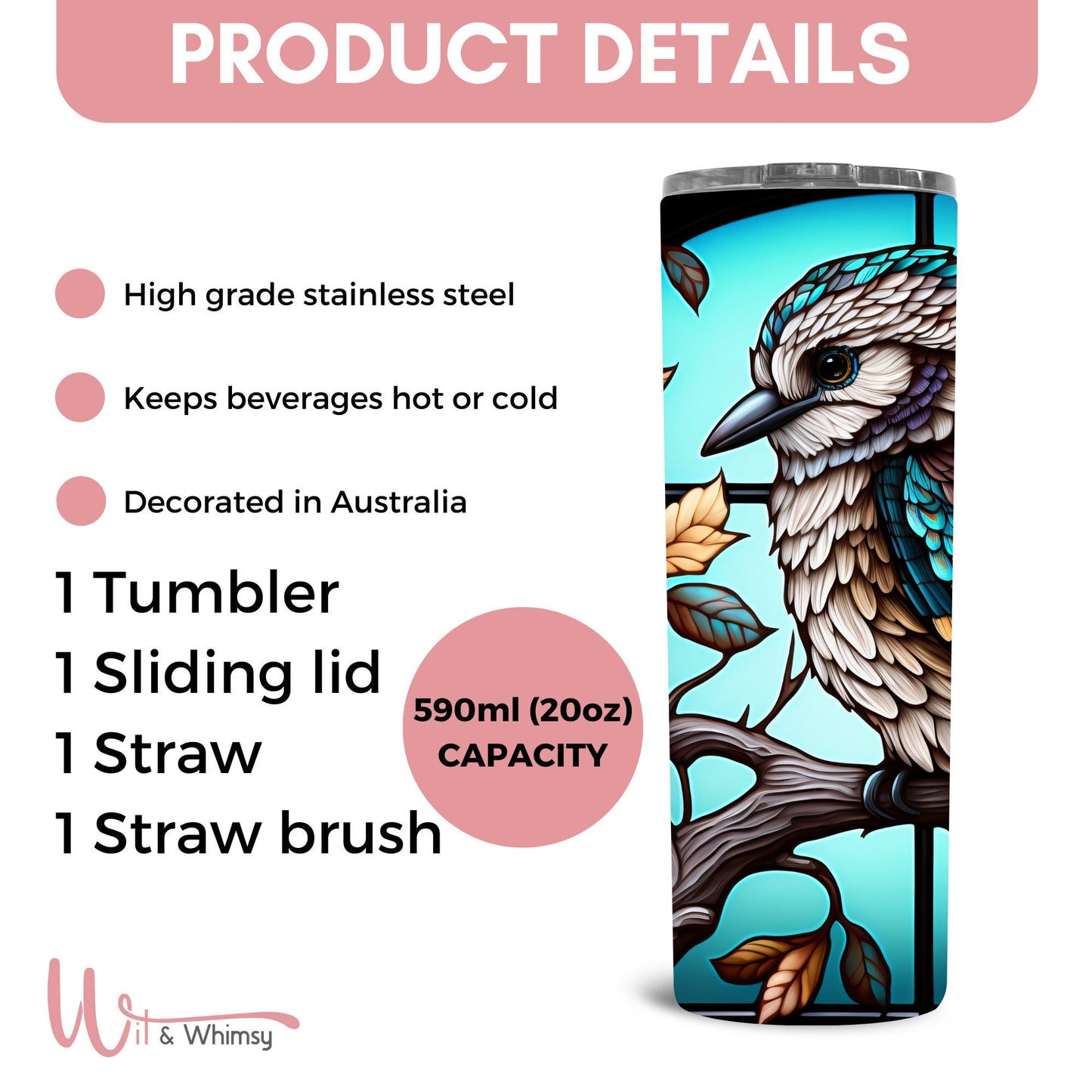 Stained Glass Kookaburra Tumbler,Australian Birds, Australian Wildlife,Aussie, Kookaburra,Wildlife Picture, 20oz Skinny Tumbler, Australia
