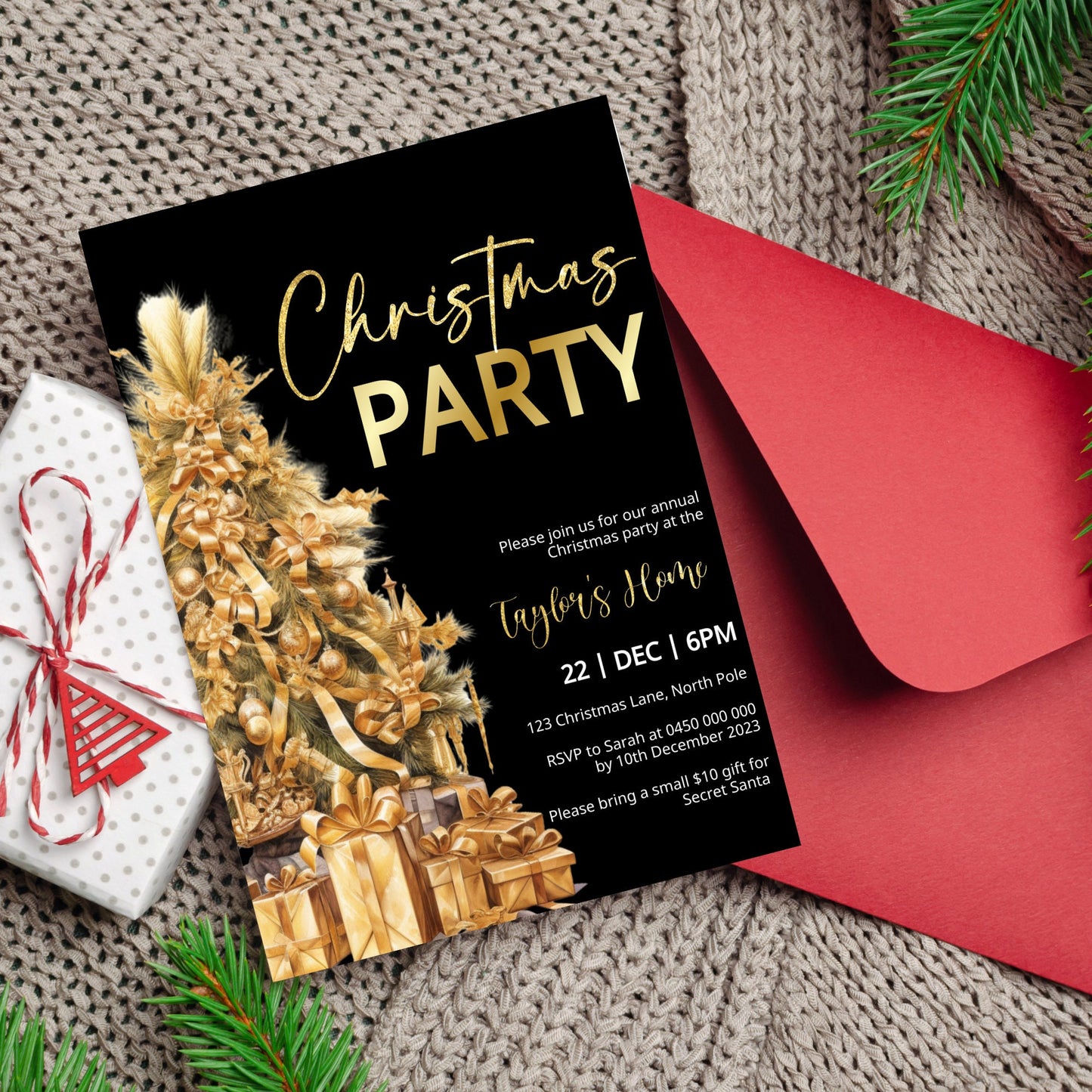 Editable Christmas party digital template, Downloadable gold party invite, stunning Christmas tree printable, Edit with TEMPLETT, XM007