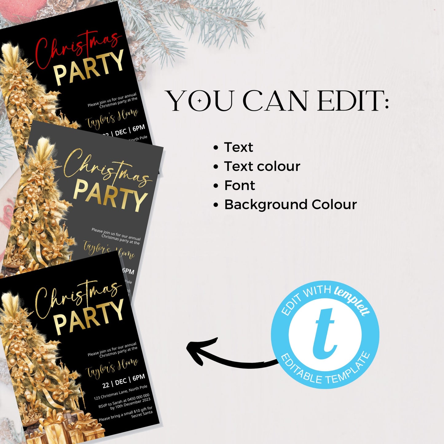 Editable Christmas party digital template, Downloadable gold party invite, stunning Christmas tree printable, Edit with TEMPLETT, XM007