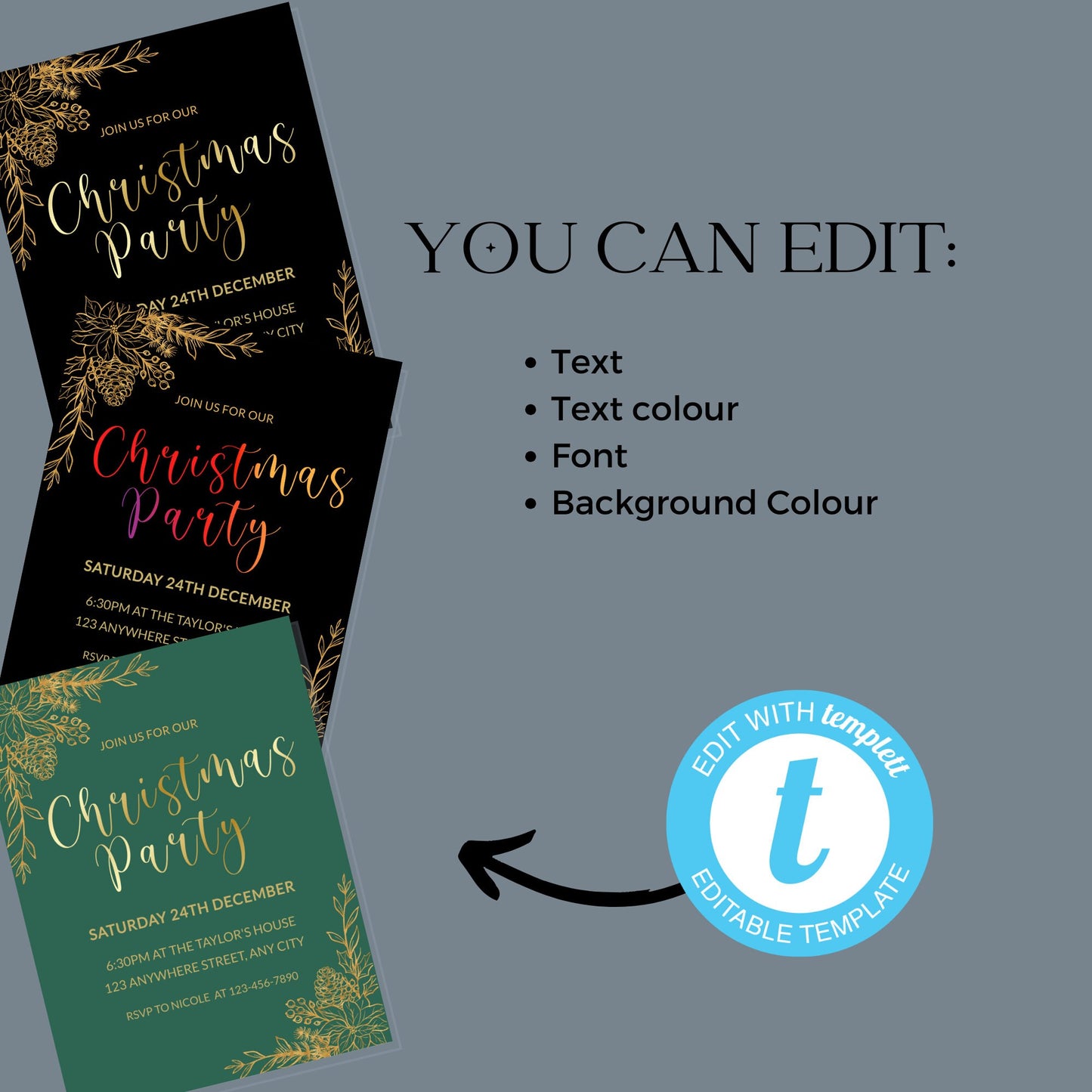Green gold Christmas party invitation editable template, Emerald green holiday office party instant download, modern elegant Christmas,XM008