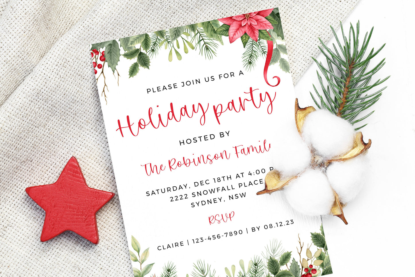 Poinsettia Christmas party invitation editable template, elegant gold letter holiday party instant download, modern adults invitation,XM009