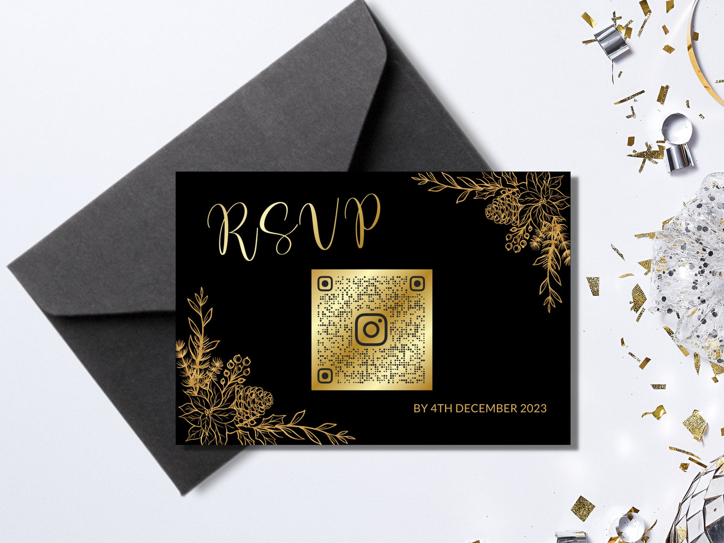 Christmas party RSVP Card With QR Code Black gold editable template, elegant gold letter holiday party instant download, modern adult, XM018