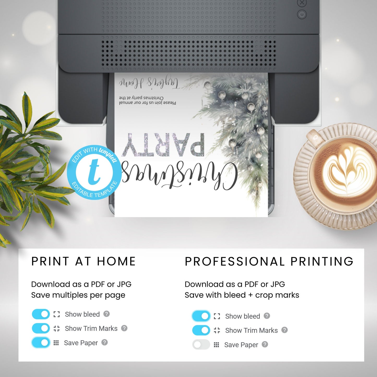 Editable Christmas party digital template, Downloadable work party invite, silver watercolour boho tree printable, Edit with TEMPLETT,XM003