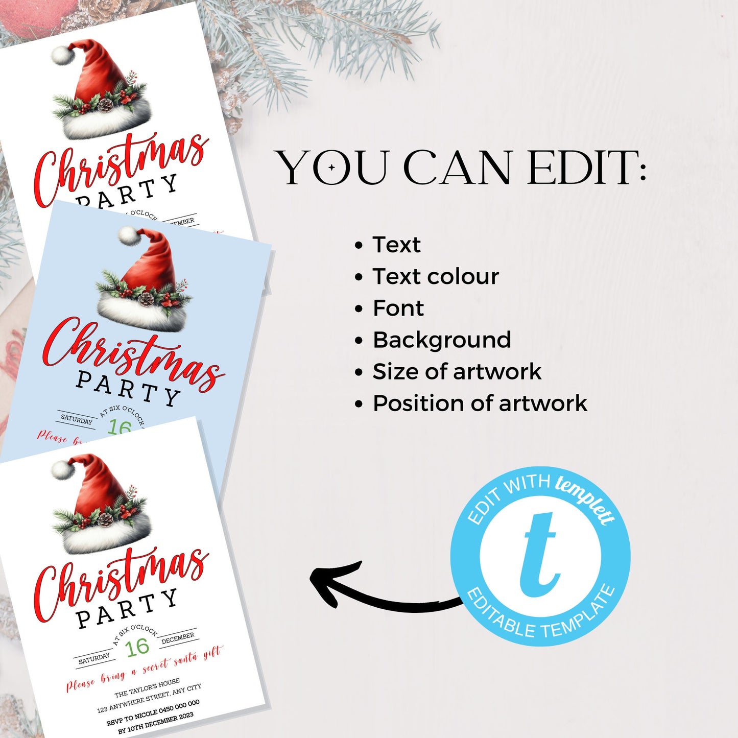 Downloadable Christmas party invitation template,Digital Santa Hat Invite,Customizable company invite,Edit with TEMPLETT, Printable, XM001