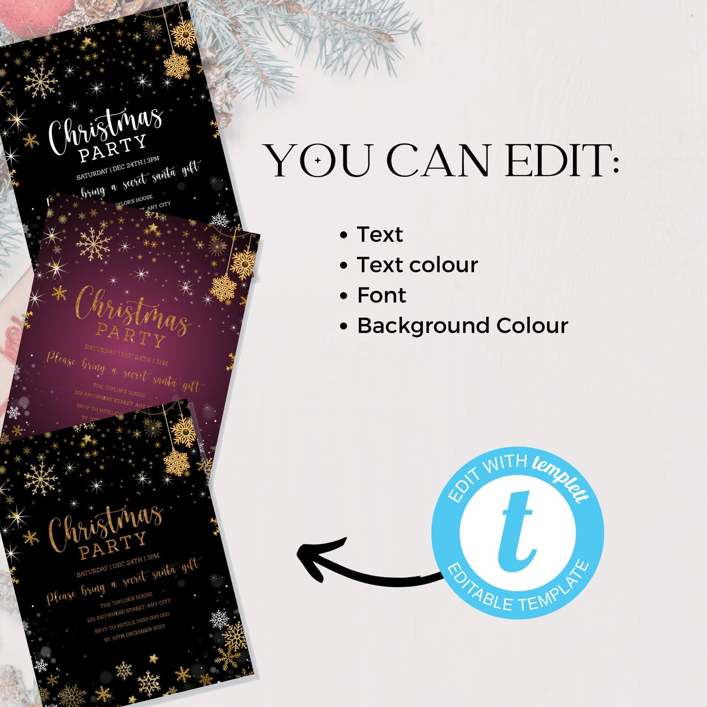 Customisable Christmas party invitation template, Elegant downloadable work invite,Edit with TEMPLETT, Gold Xmas Decoration Printable, XM002