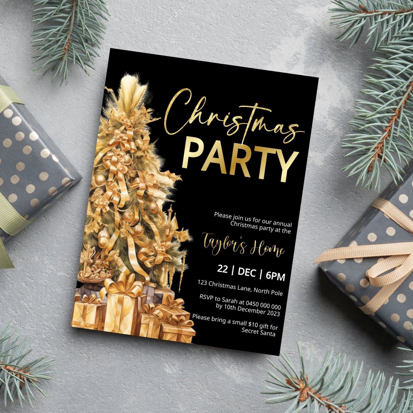Editable Christmas party digital template, Downloadable gold party invite, stunning Christmas tree printable, Edit with TEMPLETT, XM007