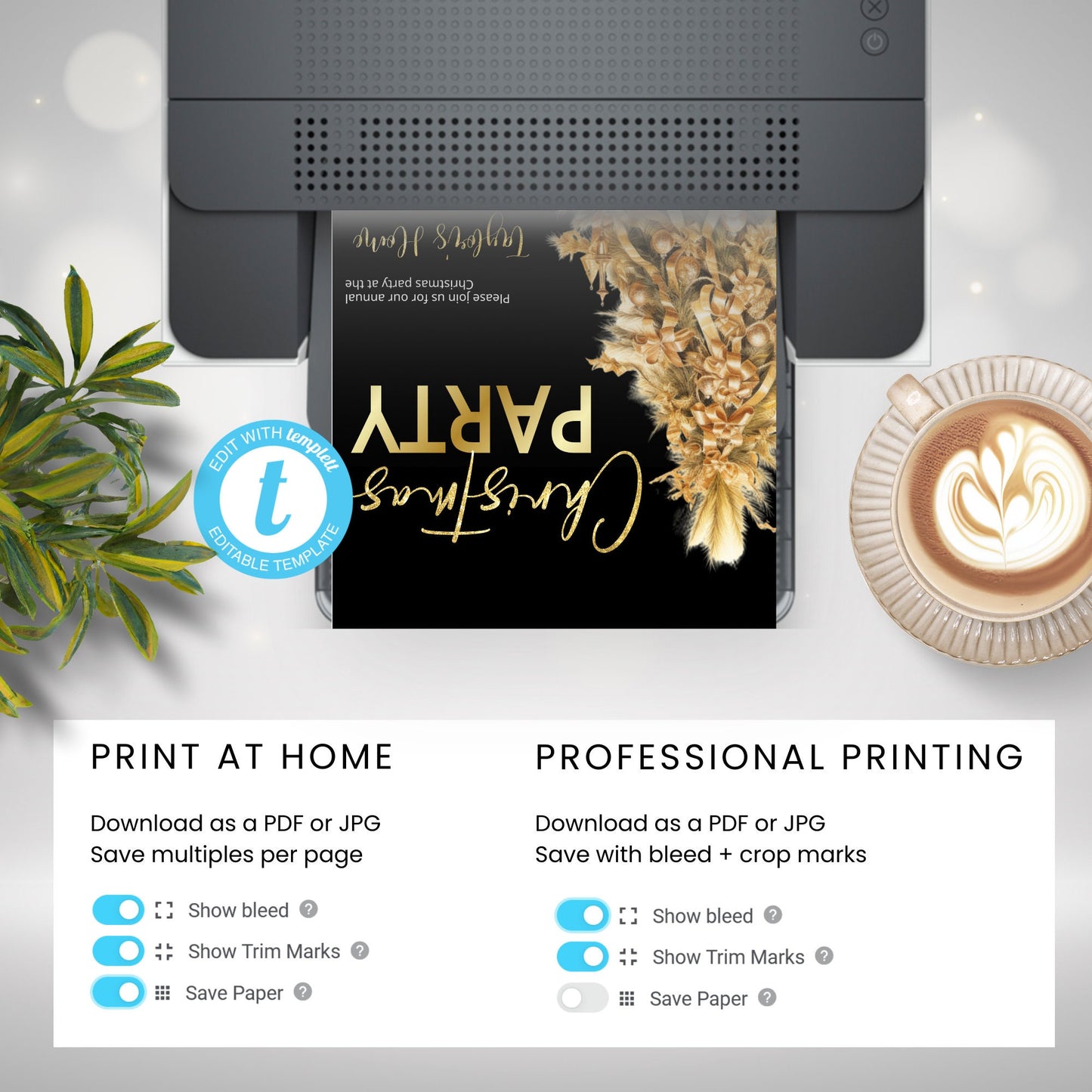 Editable Christmas party digital template, Downloadable gold party invite, stunning Christmas tree printable, Edit with TEMPLETT, XM007