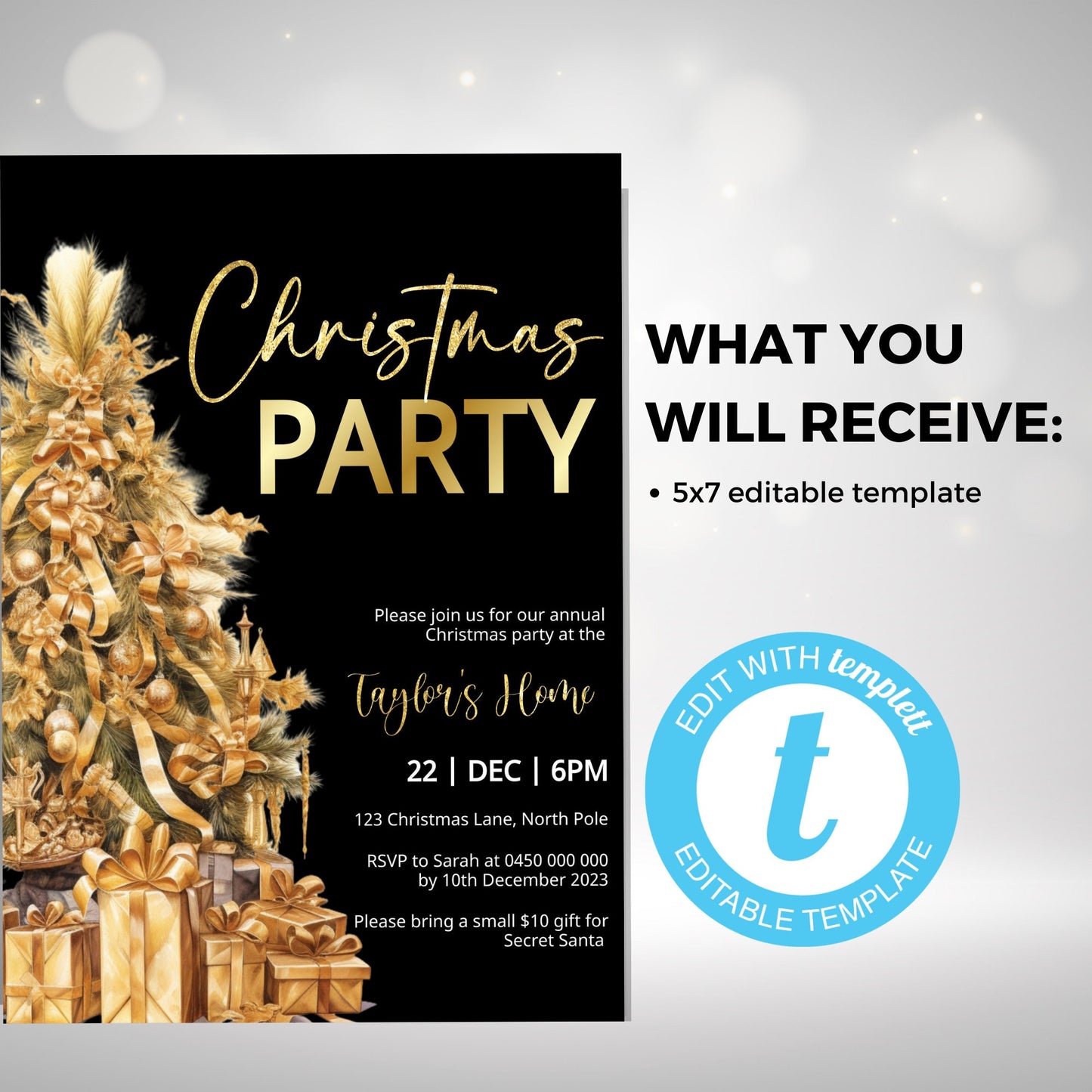 Editable Christmas party digital template, Downloadable gold party invite, stunning Christmas tree printable, Edit with TEMPLETT, XM007