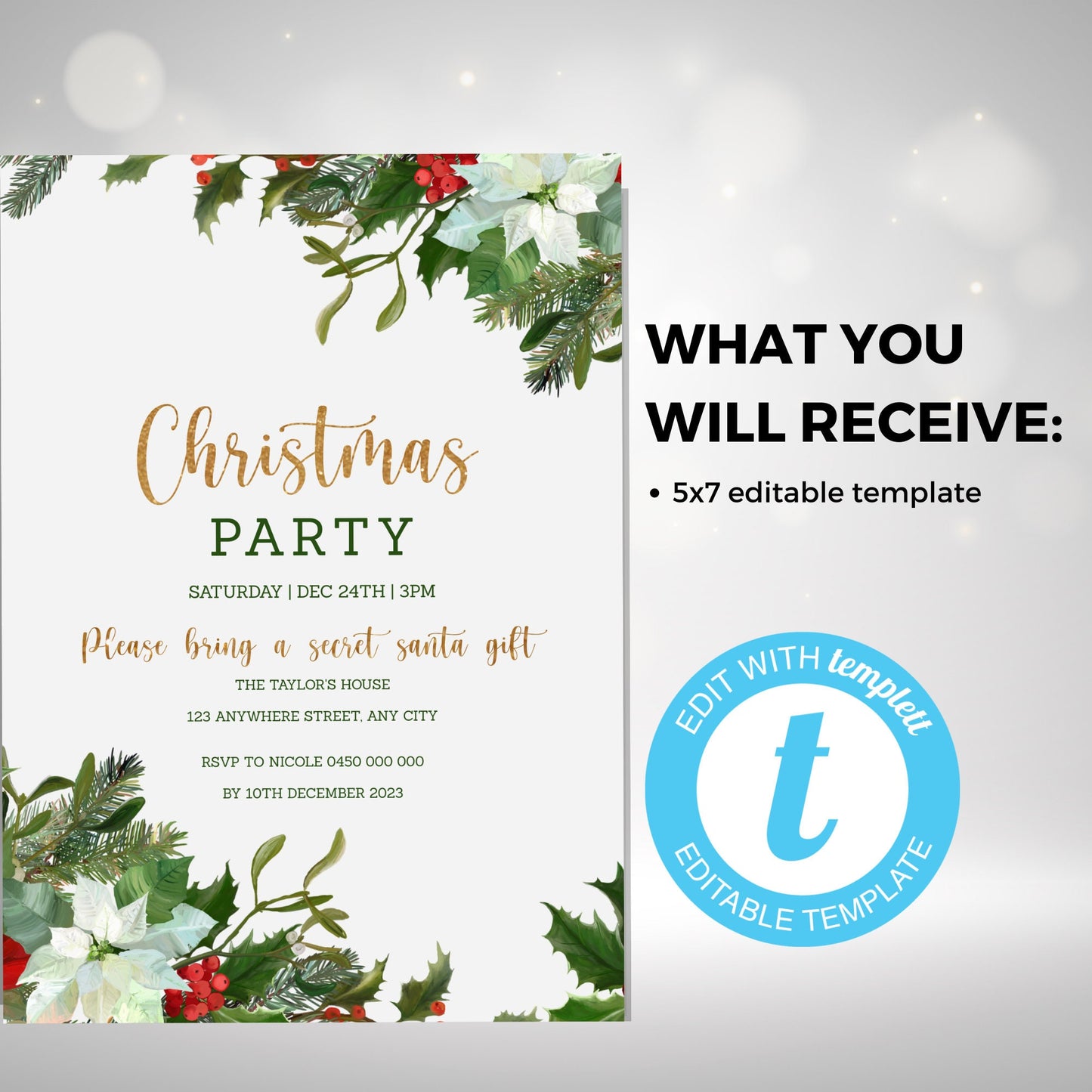 Editable Christmas party digital template, Downloadable mistletoe party invite, Minimalistic Christmas printable, Edit with TEMPLETT, XM011