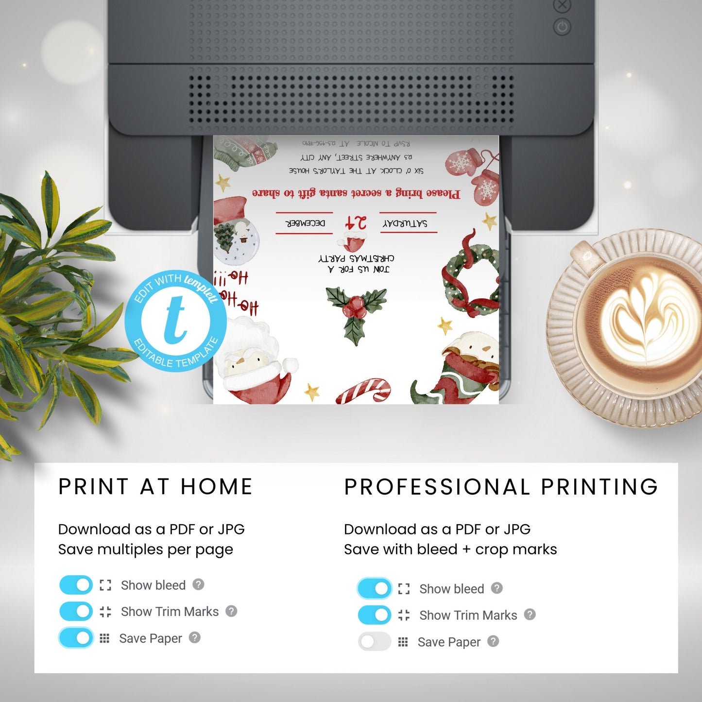 Digital Christmas party printable invitation, Kids editable Xmas invite, watercolour winter christmas,Holiday party,Edit with TEMPLETT,XM004