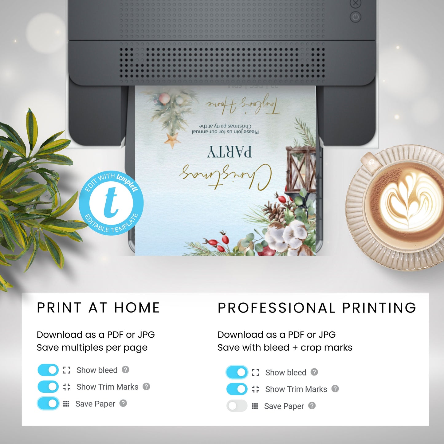 Digital Holiday party printable invitation, editable Xmas tree invite, vintage theme, blue, Christmas party,Edit with TEMPLETT, XM006