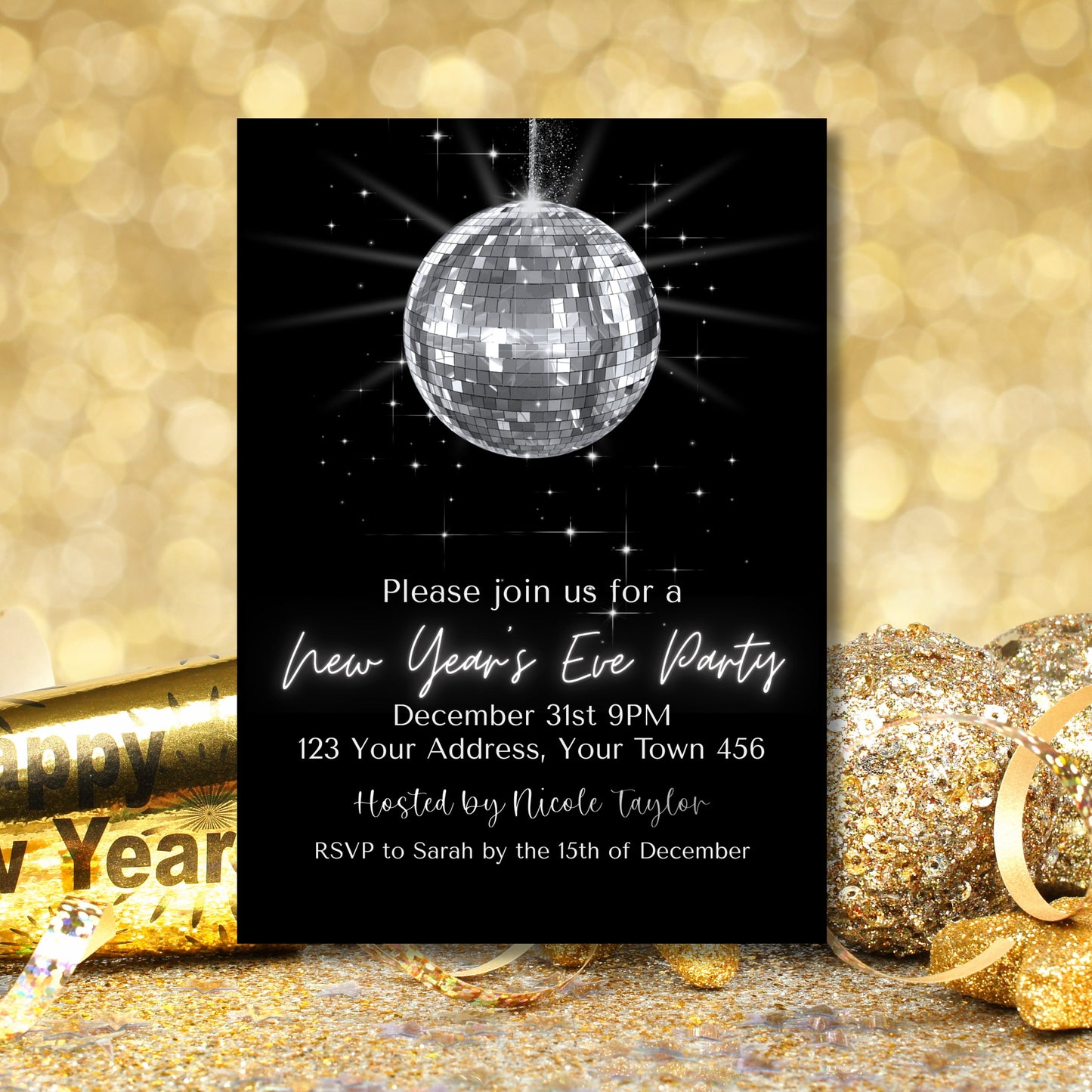 2024 New Year Eve disco ball invite instant download, Editable holiday inv, Evite ,5x7, 4x6, Edit with TEMPLETT, New Years Party, XM021