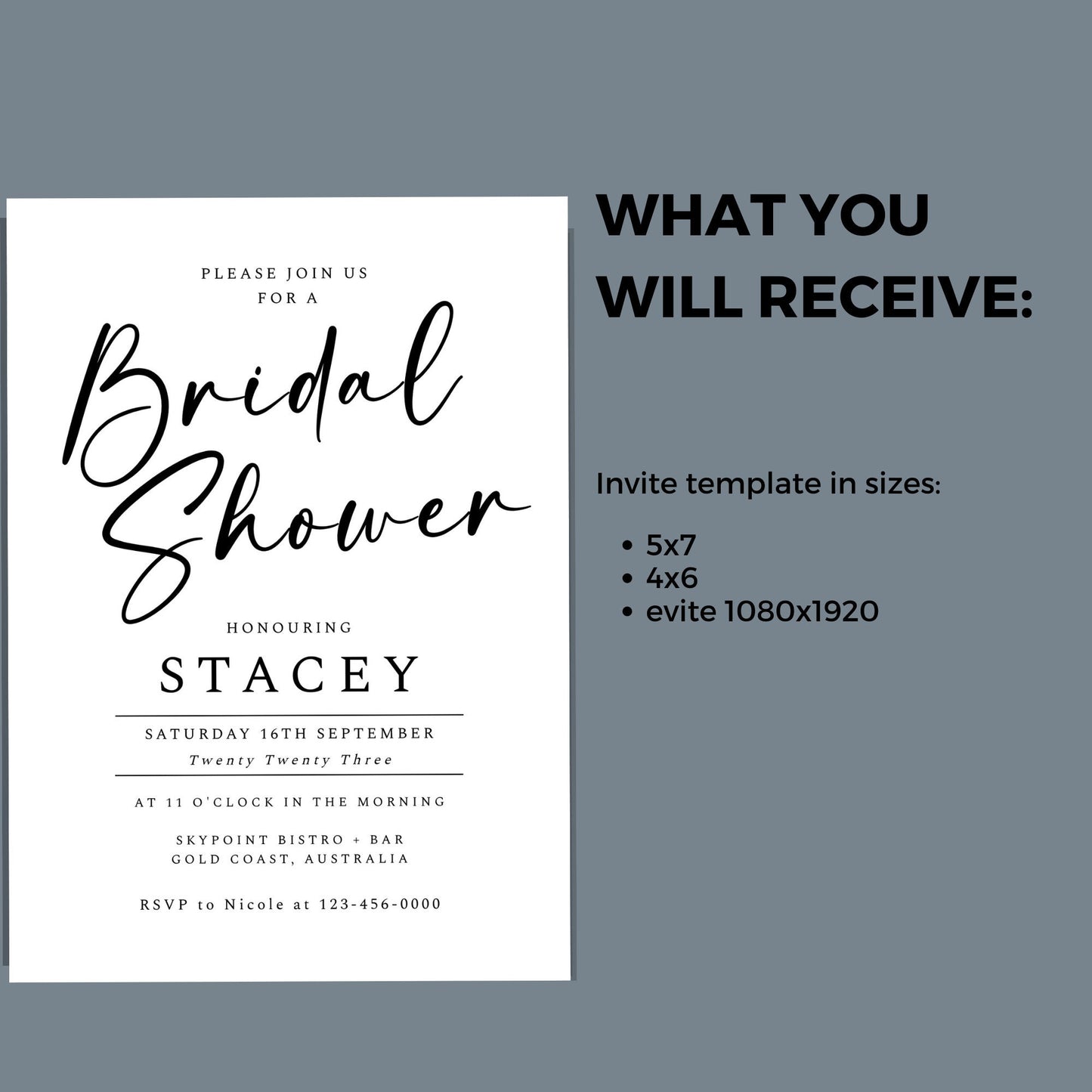 Modern Bridal Shower Minimal Invitation Template,Minimalist Bridal Editable Invite, Wedding Shower,Edit with TEMPLETT, 4x6, 5x7, evite WM001