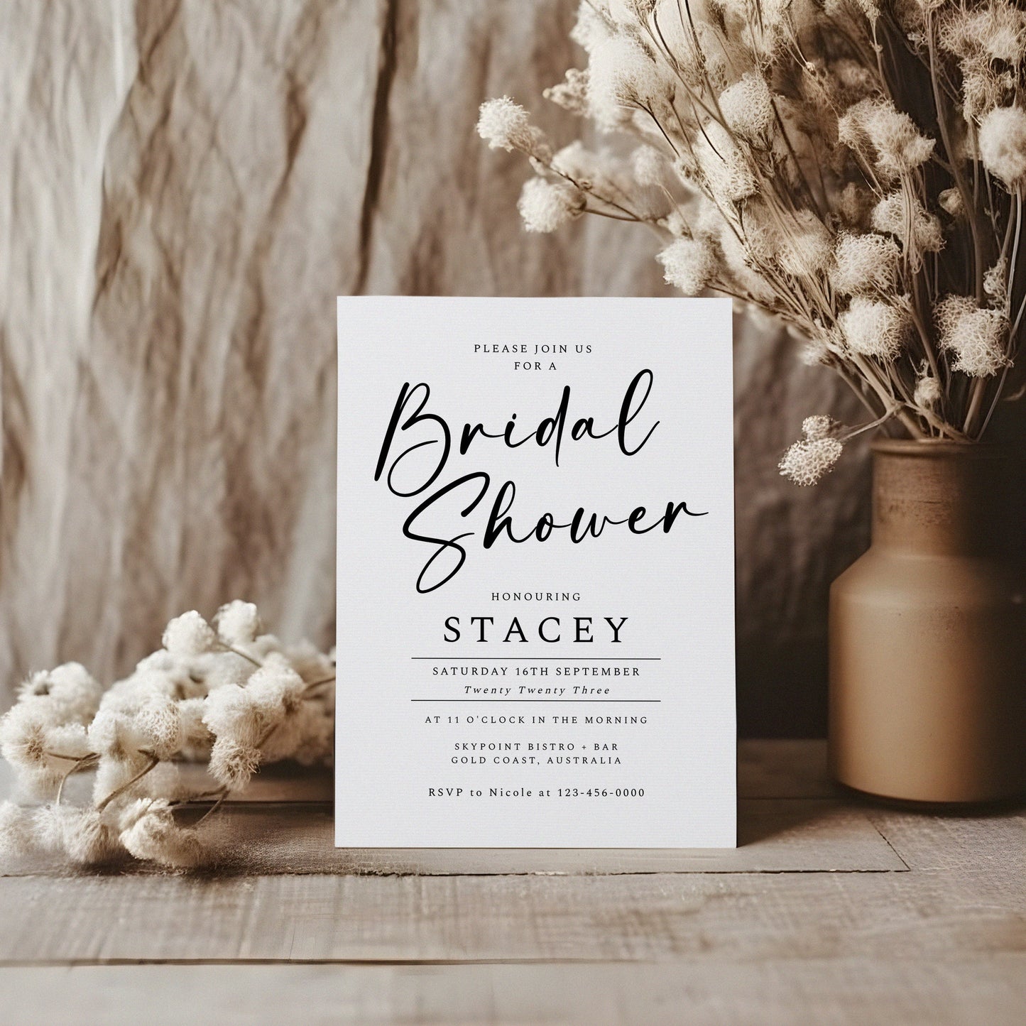 Modern Bridal Shower Minimal Invitation Template,Minimalist Bridal Editable Invite, Wedding Shower,Edit with TEMPLETT, 4x6, 5x7, evite WM001