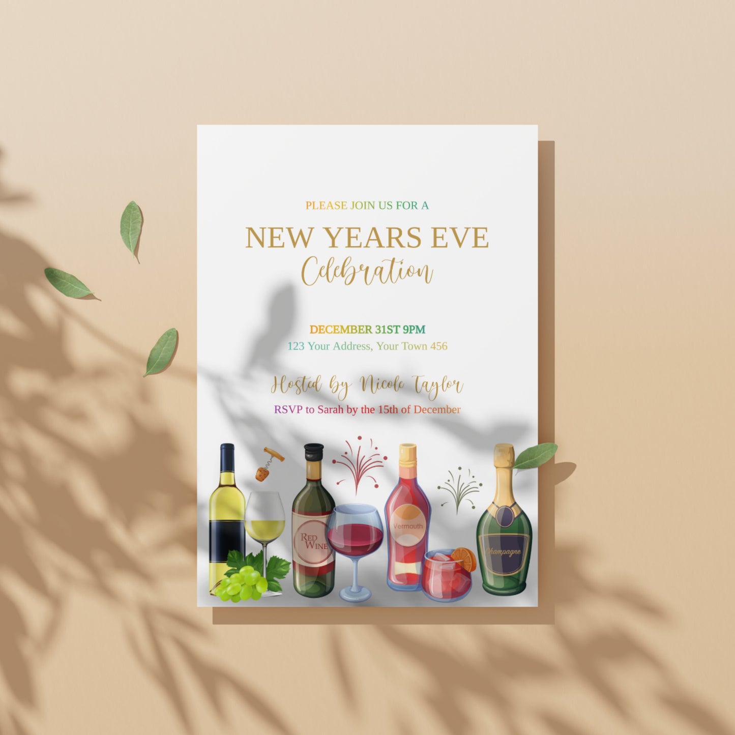Customisable new year invite, holiday cocktails let's party invite, personalised party invitation, NYE Electronic invite, Modern party XM022