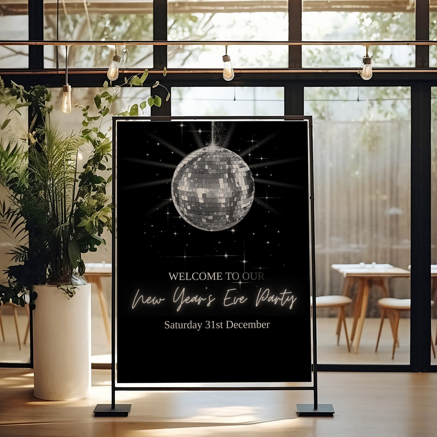 New Years Eve disco ball party welcome sign instant download, Editable holiday welcome sign, Edit with TEMPLETT, New Years Party, XM021