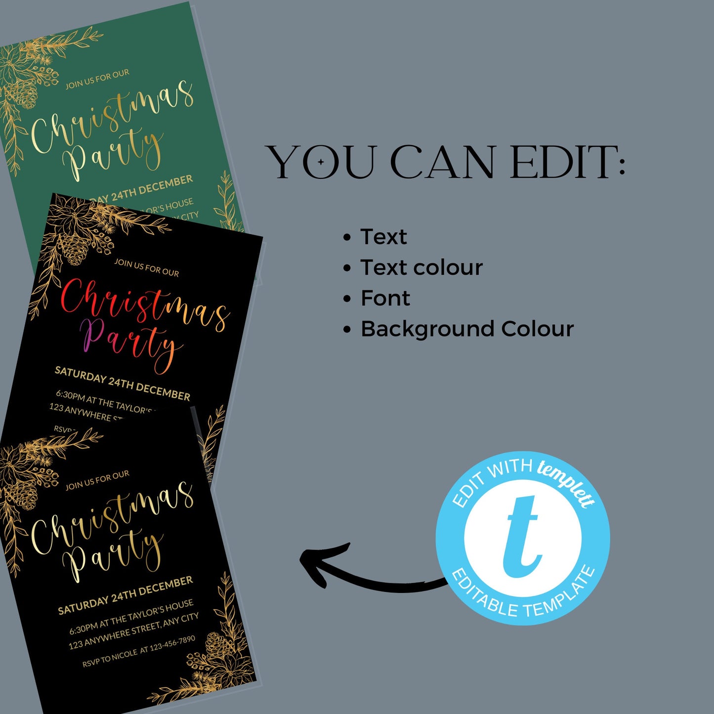 Christmas party RSVP Card With QR Code Black gold editable template, elegant gold letter holiday party instant download, modern adult, XM018