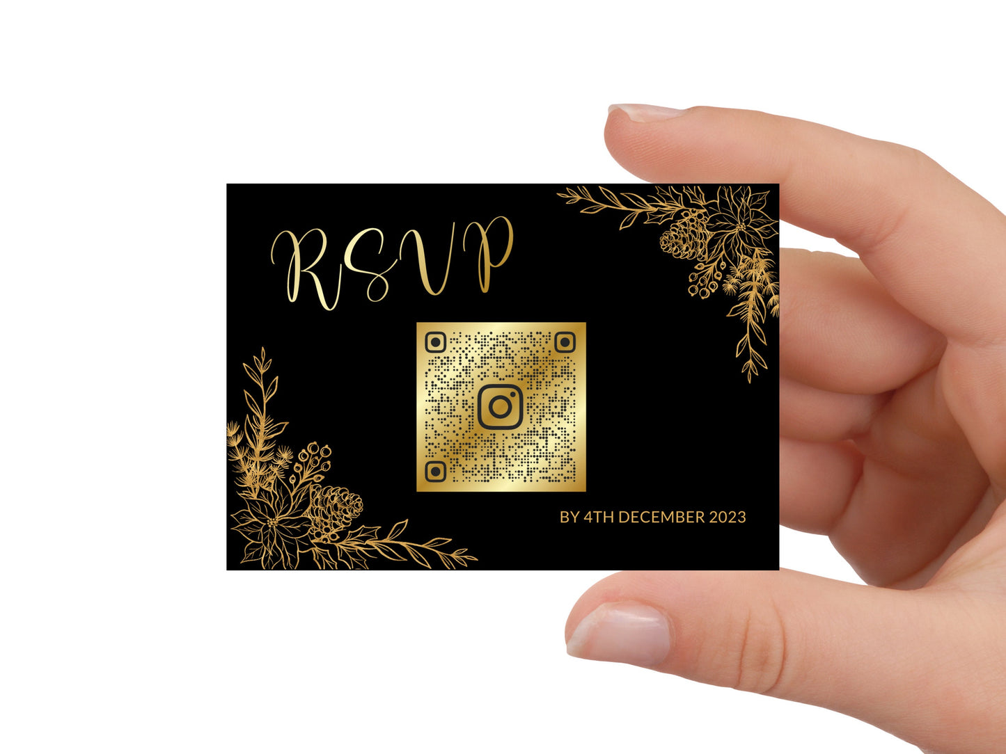 Christmas party RSVP Card With QR Code Black gold editable template, elegant gold letter holiday party instant download, modern adult, XM018
