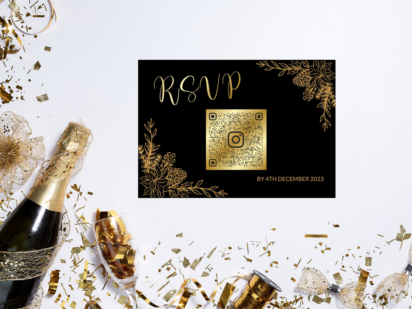 Christmas party RSVP Card With QR Code Black gold editable template, elegant gold letter holiday party instant download, modern adult, XM018