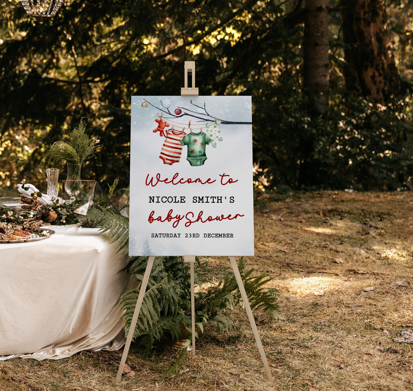 A merry little baby shower welcome sign customisable template, Christmas Winter baby, Santa Baby shower, Edit with TEMPLETT, XM013
