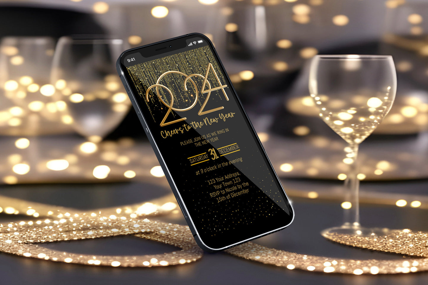 Black and gold 2024 New Year Party invitation editable template, elegant gold letter New Years Eve Evite instant download, 5x7, 4x6, digital