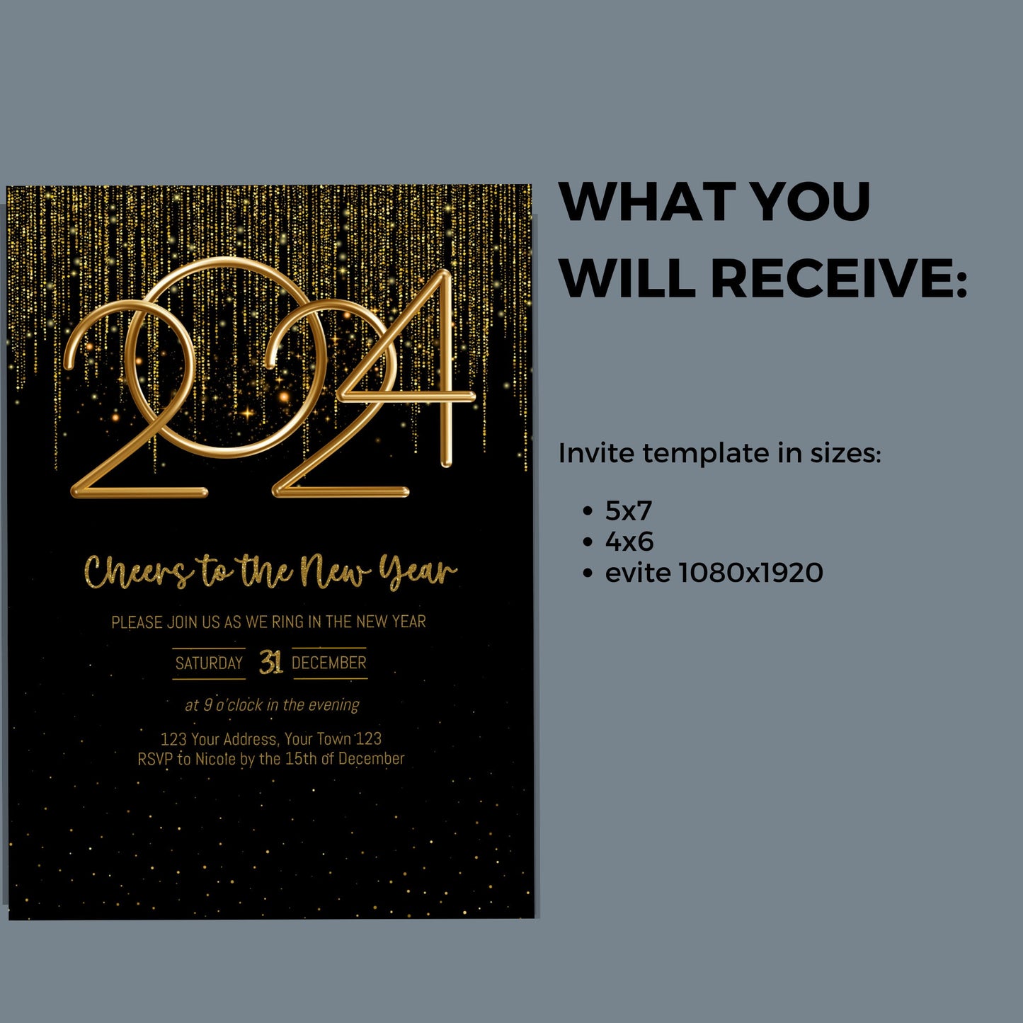 Black and gold 2024 New Year Party invitation editable template, elegant gold letter New Years Eve Evite instant download, 5x7, 4x6, digital