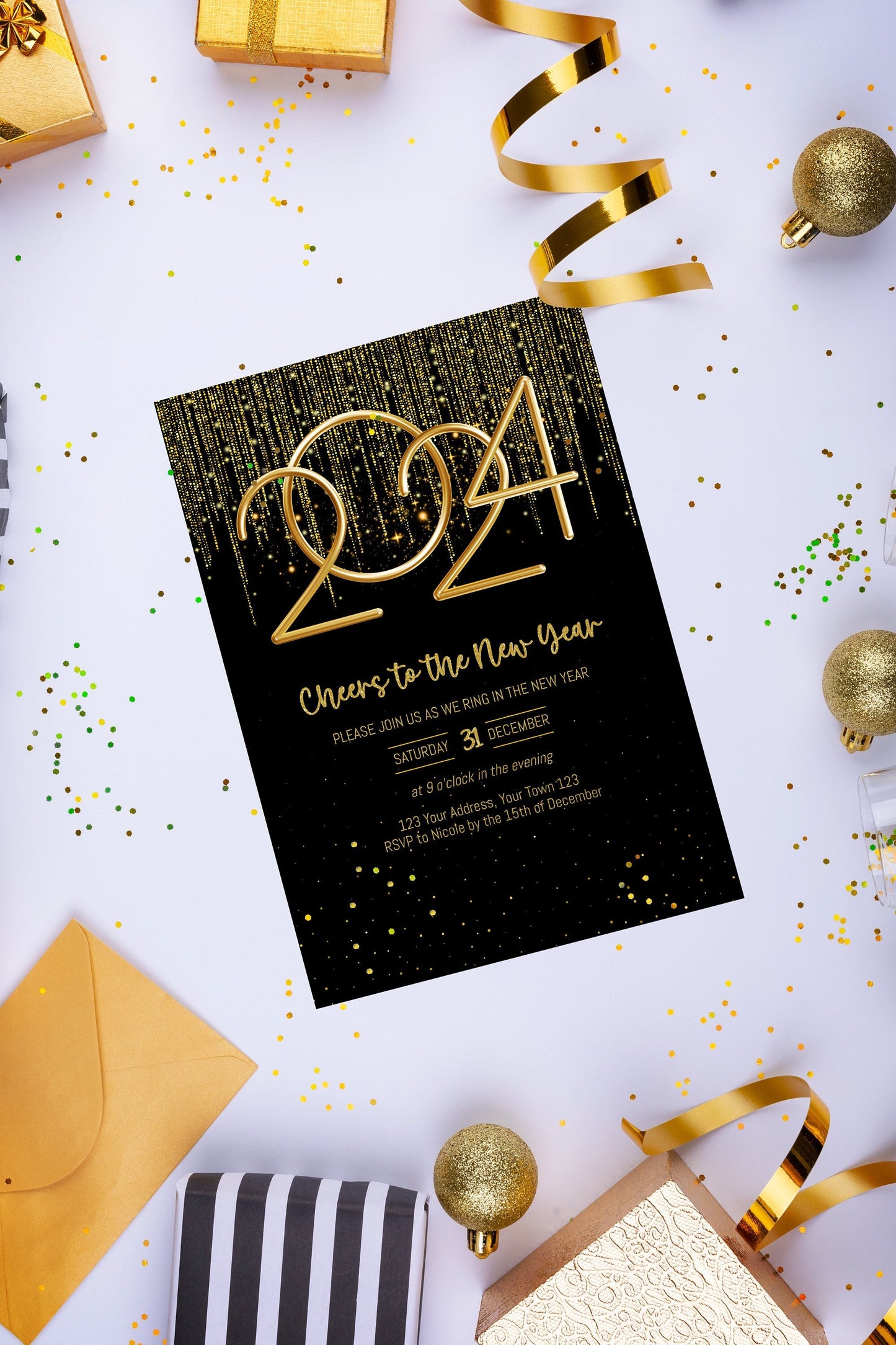 Black and gold 2024 New Year Party invitation editable template, elegant gold letter New Years Eve Evite instant download, 5x7, 4x6, digital