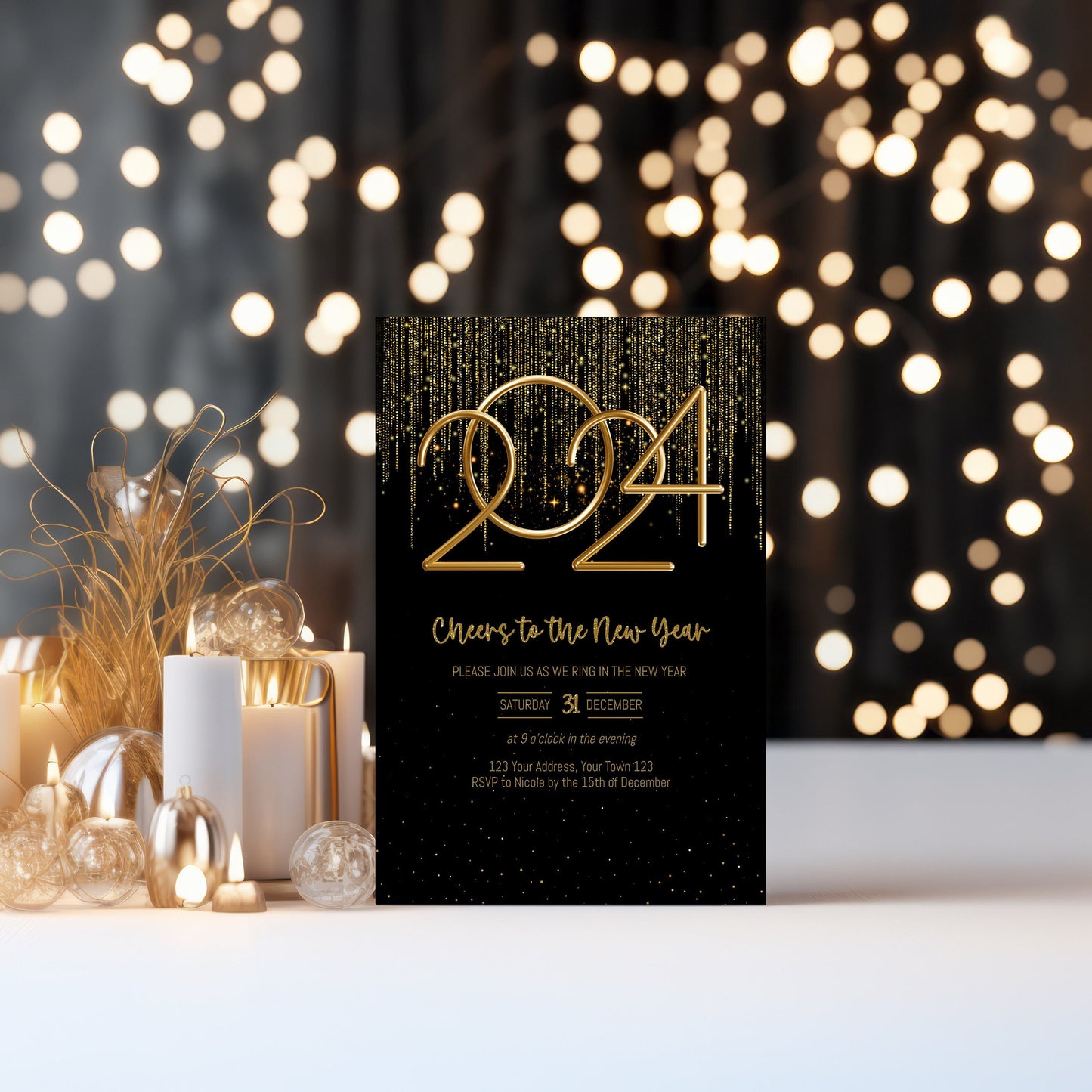 Black and gold 2024 New Year Party invitation editable template, elegant gold letter New Years Eve Evite instant download, 5x7, 4x6, digital