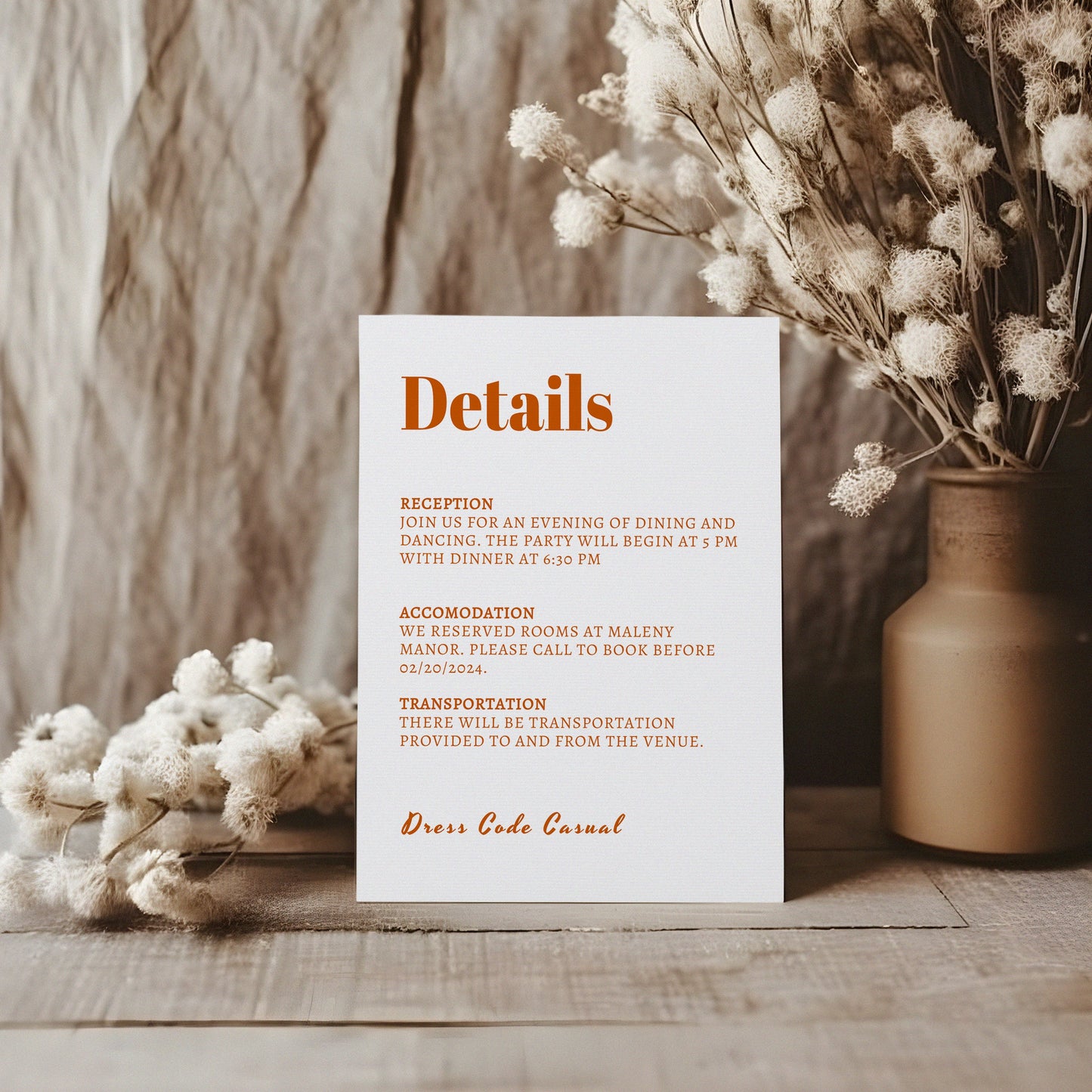 Retro Burnt Orange Wedding Details Template,Modern Minimalist Editable Invite, Bold color, Edit with TEMPLETT, 4x6, 5x7, evite BW001