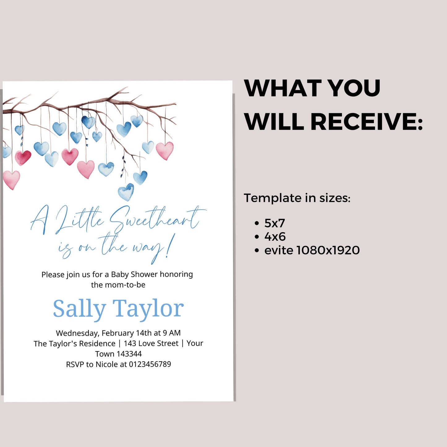 Blue tree heart leaves Valentines baby shower invite, Little Sweetheart Valentines Day editable template, Instant Download, VB002