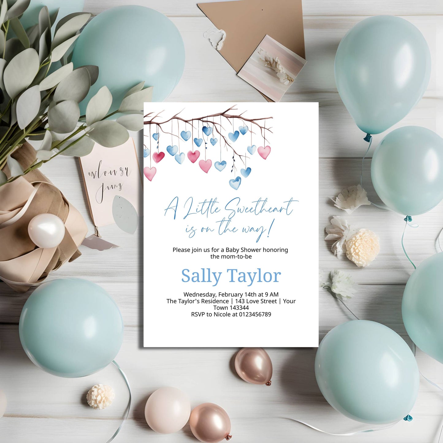 Blue tree heart leaves Valentines baby shower invite, Little Sweetheart Valentines Day editable template, Instant Download, VB002