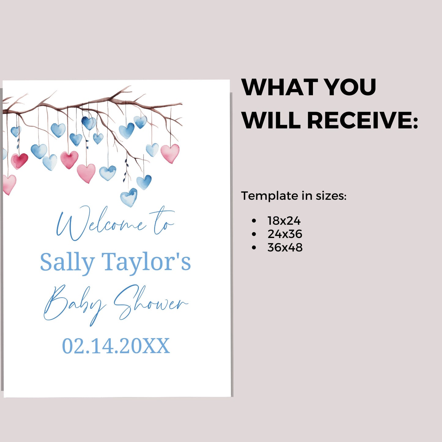 Valentines boy baby shower welcome sign, Little Sweetheart Valentines Day editable template, Blue tree heart leaves Instant Download, VB002