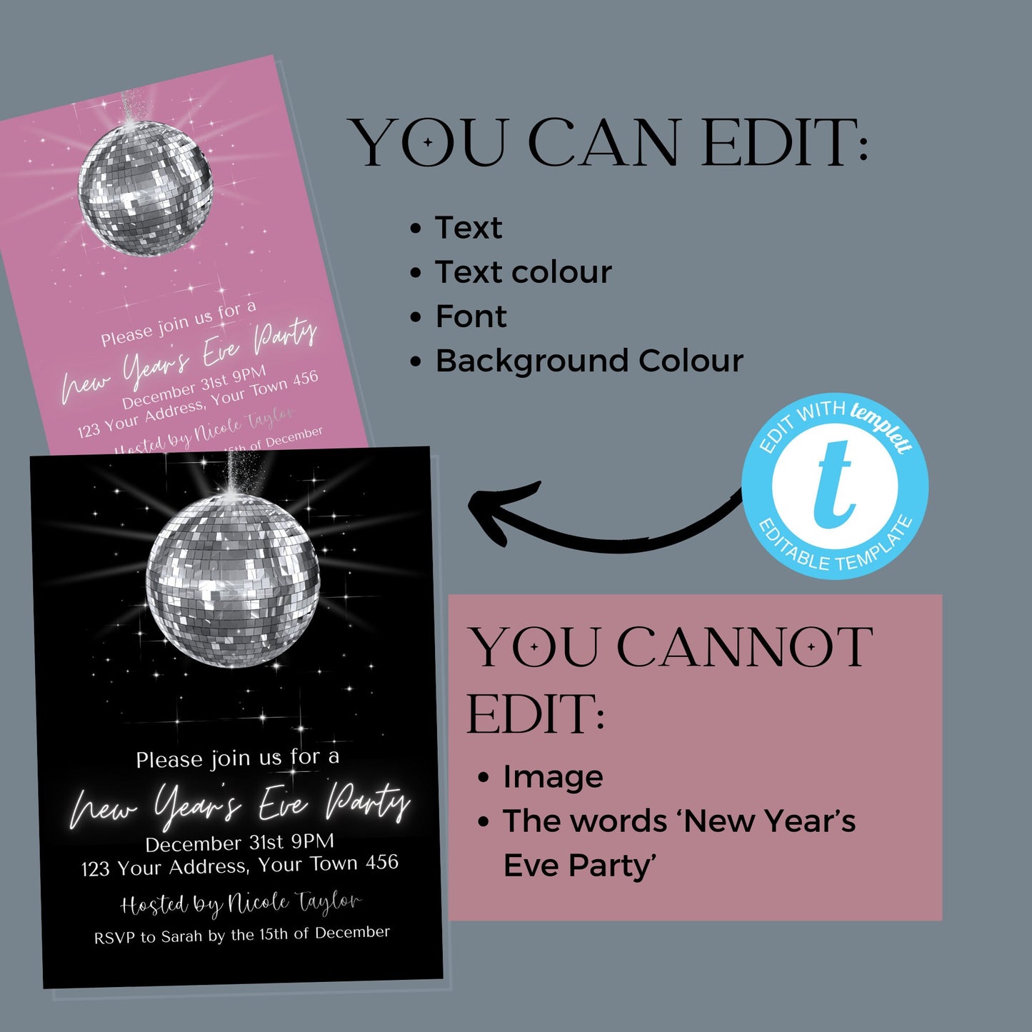 New Years Eve disco ball party RSVP Card instant download, Editable holiday festive card, Edit with TEMPLETT, New Years Party, XM021