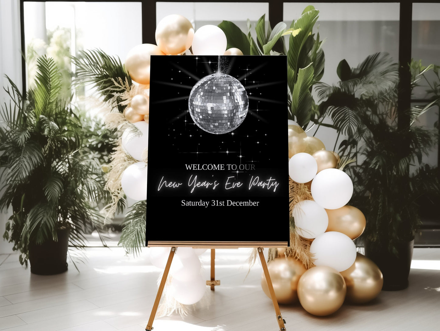 New Years Eve disco ball party welcome sign instant download, Editable holiday welcome sign, Edit with TEMPLETT, New Years Party, XM021