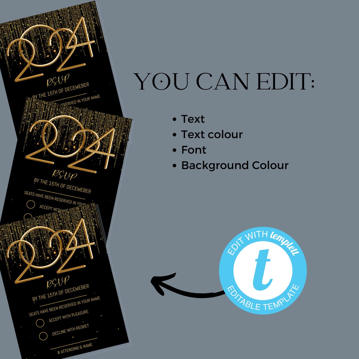 Black and gold 2024 New Year Party Thank you card editable template, elegant gold letter New Years Eve, Instant download, festive template