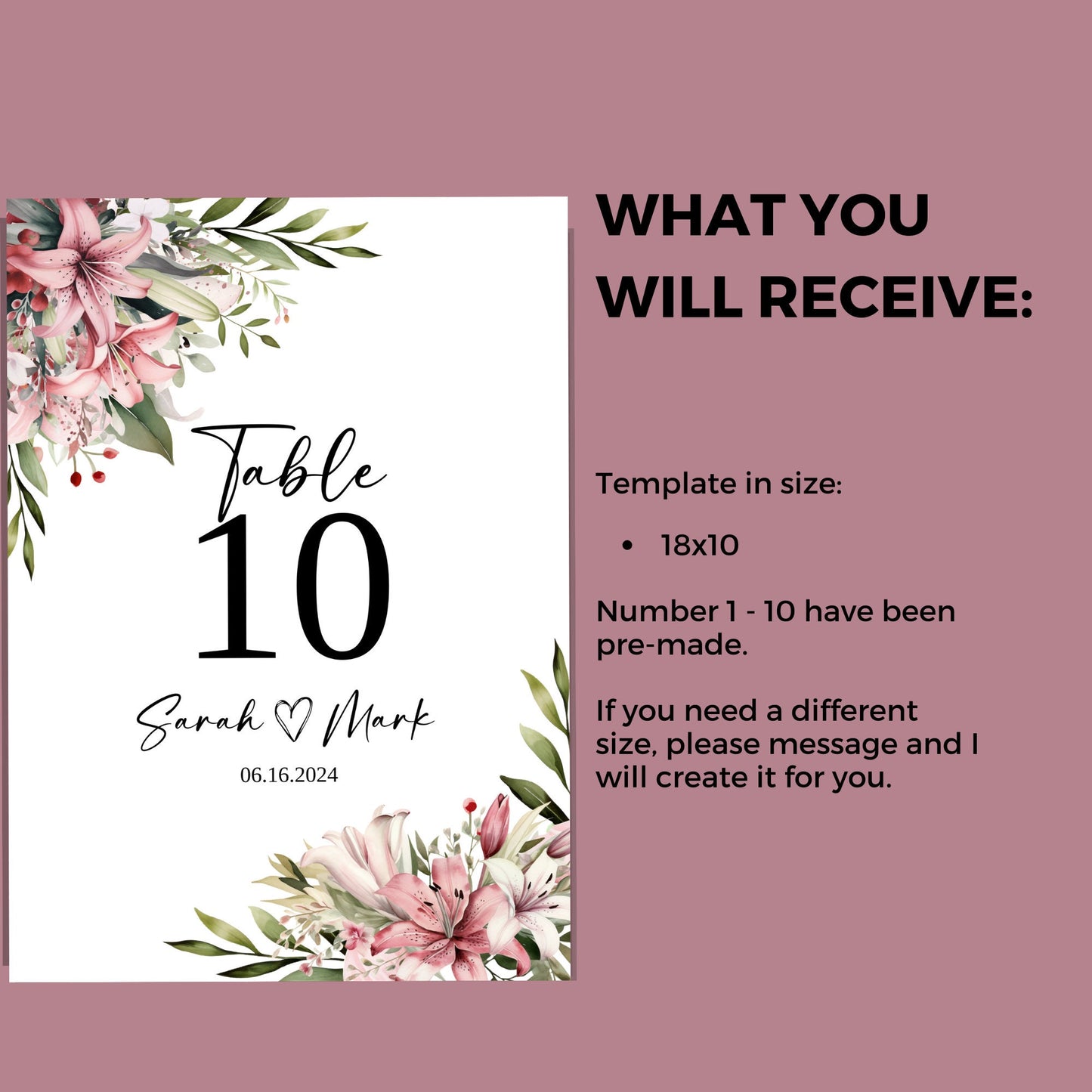 Lily Wedding Table Number Customisable Template, Pink Lily Flower PNG, Floral Watercolour Table Signs Wedding, Script Wedding Sign, WM002