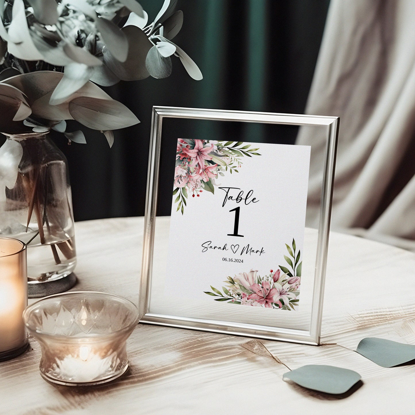Lily Wedding Table Number Customisable Template, Pink Lily Flower PNG, Floral Watercolour Table Signs Wedding, Script Wedding Sign, WM002