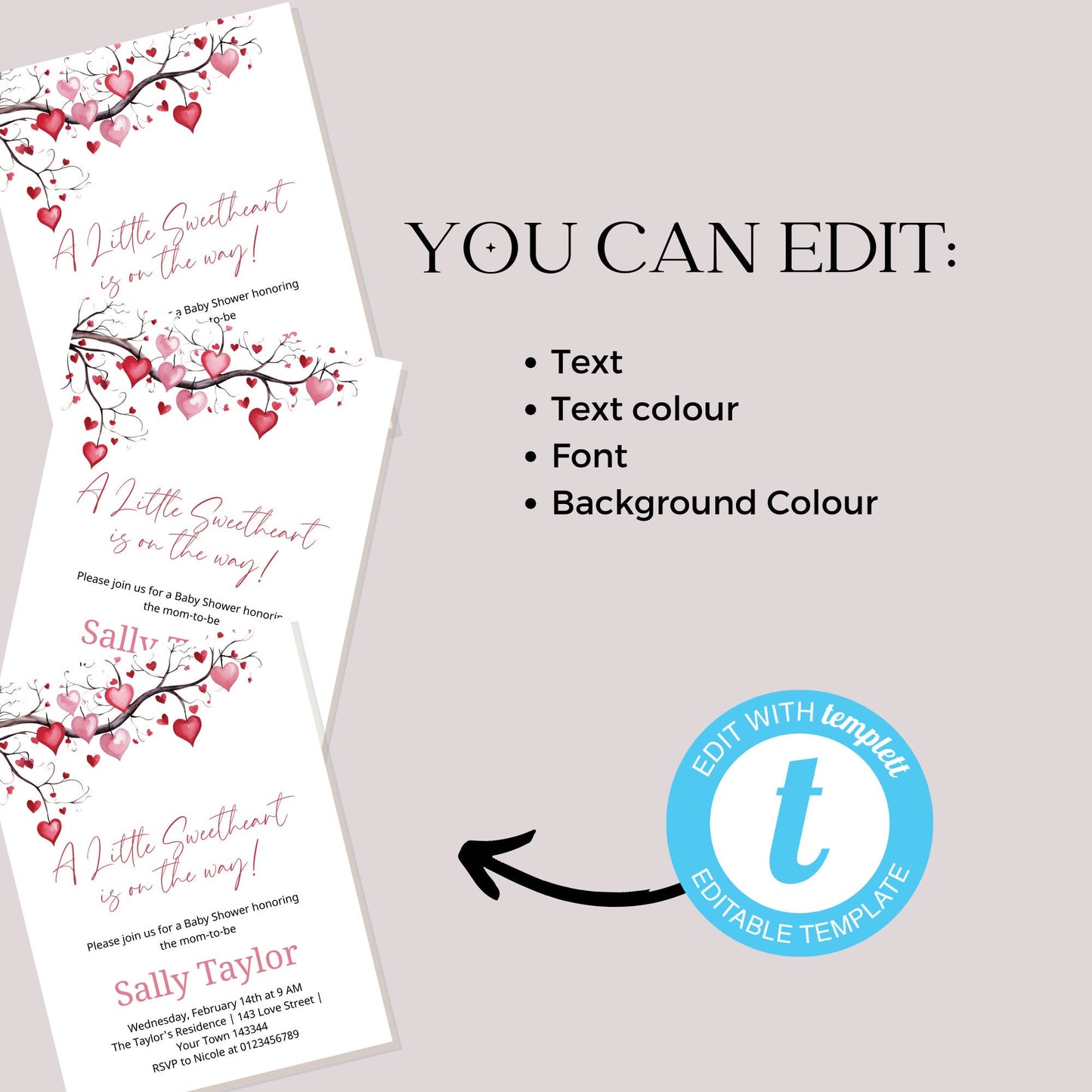 Pink tree heart leaves Valentines baby shower invite, Little Sweetheart Valentines Day editable template, Instant Download, VB001