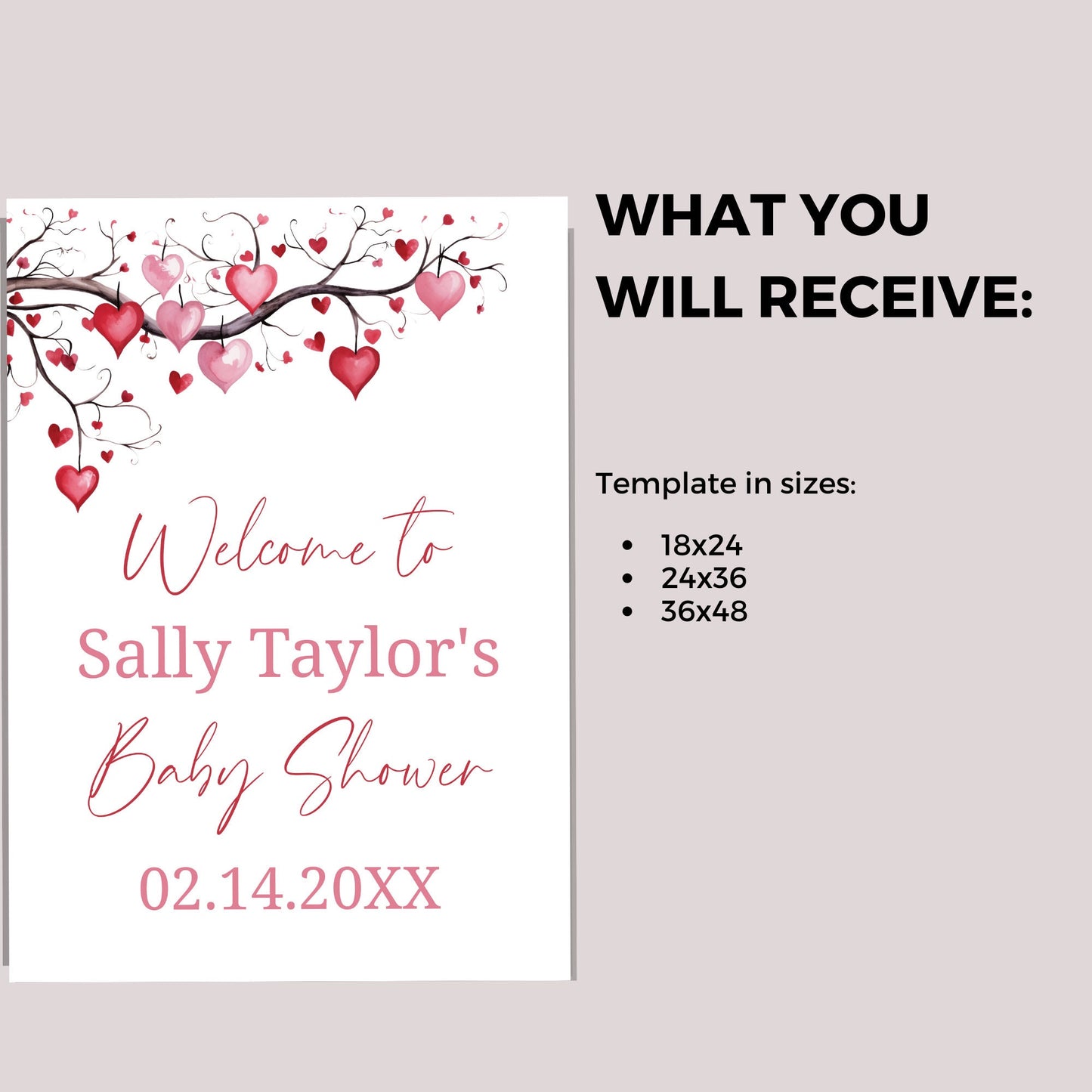 Valentines baby shower welcome sign, Little Sweetheart Valentines Day editable template, Pink tree heart leaves Instant Download, VB001