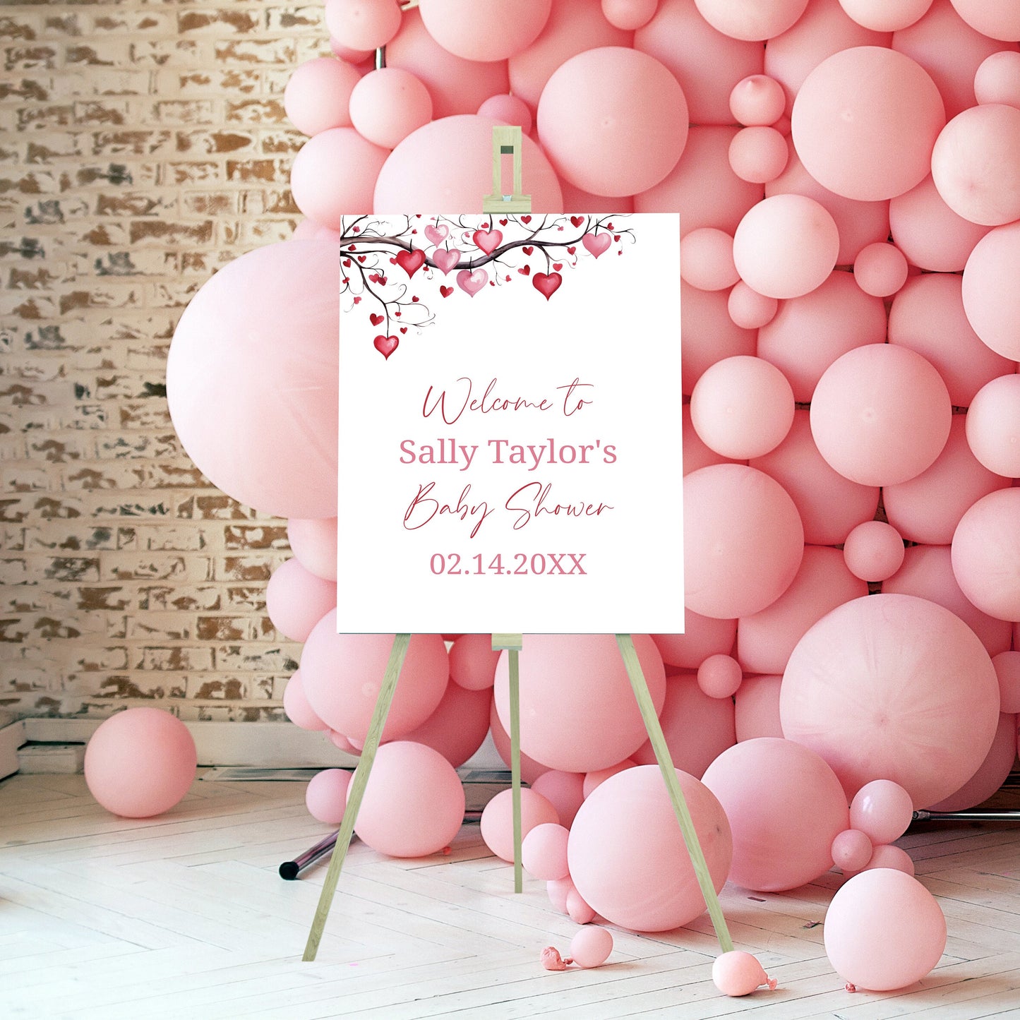 Valentines baby shower welcome sign, Little Sweetheart Valentines Day editable template, Pink tree heart leaves Instant Download, VB001