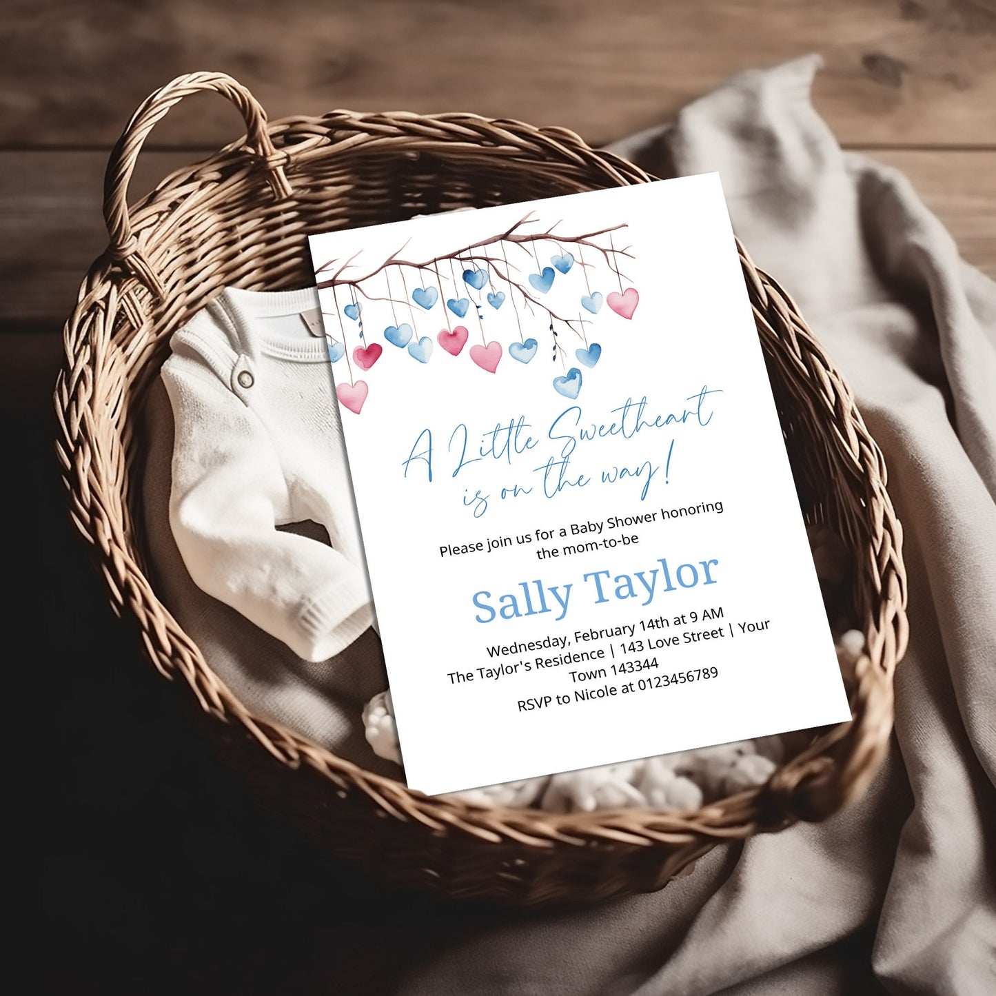Blue tree heart leaves Valentines baby shower invite, Little Sweetheart Valentines Day editable template, Instant Download, VB002